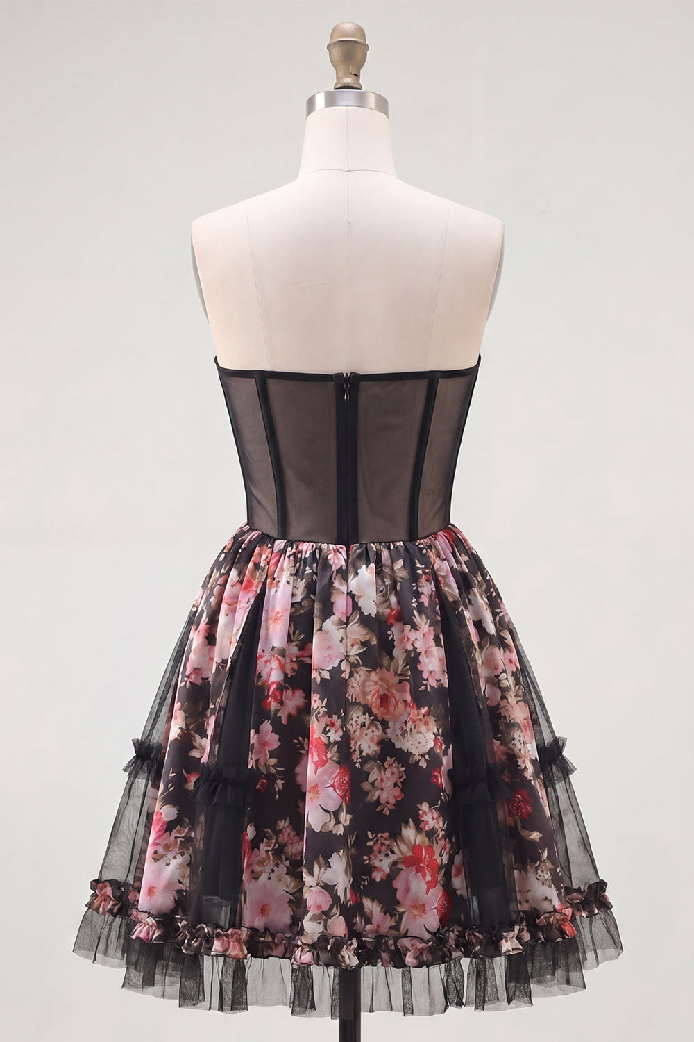 Black Pink Flower A Line Strapless Short Corset Homecoming Dress