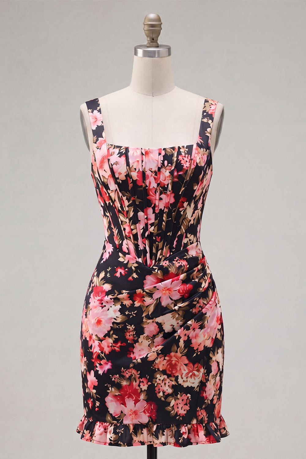 Black Pink Flower Thick Straps Tight Short Corset Homecoming Dress with Ruffles
