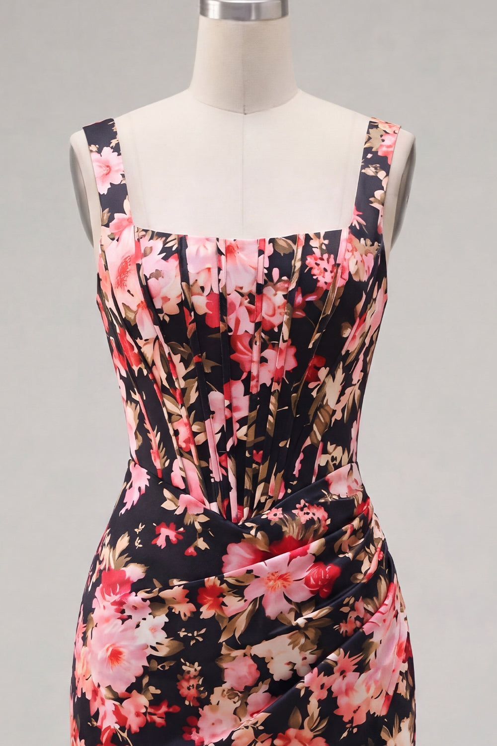Black Pink Flower Thick Straps Tight Short Corset Homecoming Dress with Ruffles