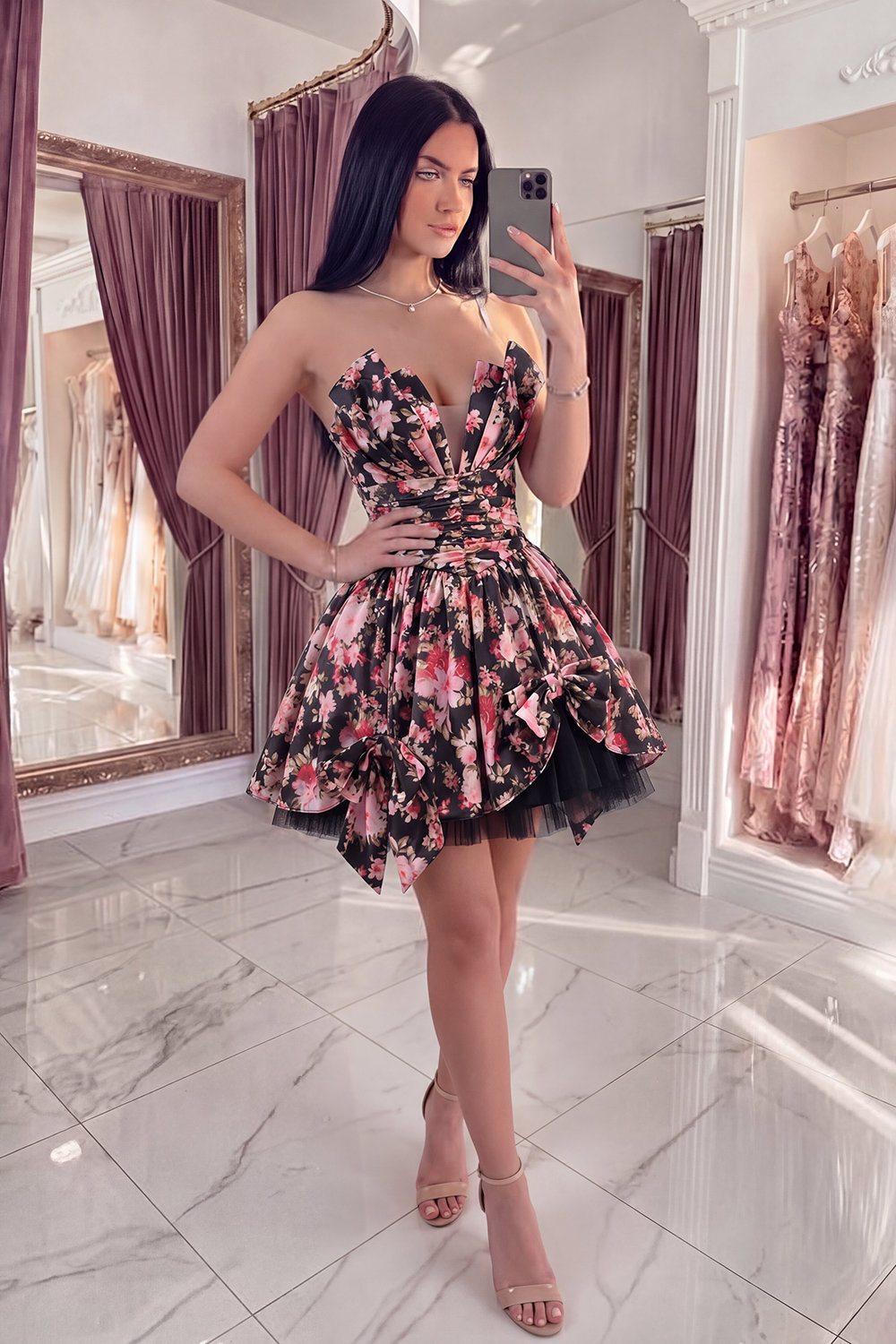 Black Pink Flower V-Neck A Line Short Ruched Homecoming Dress with Bows