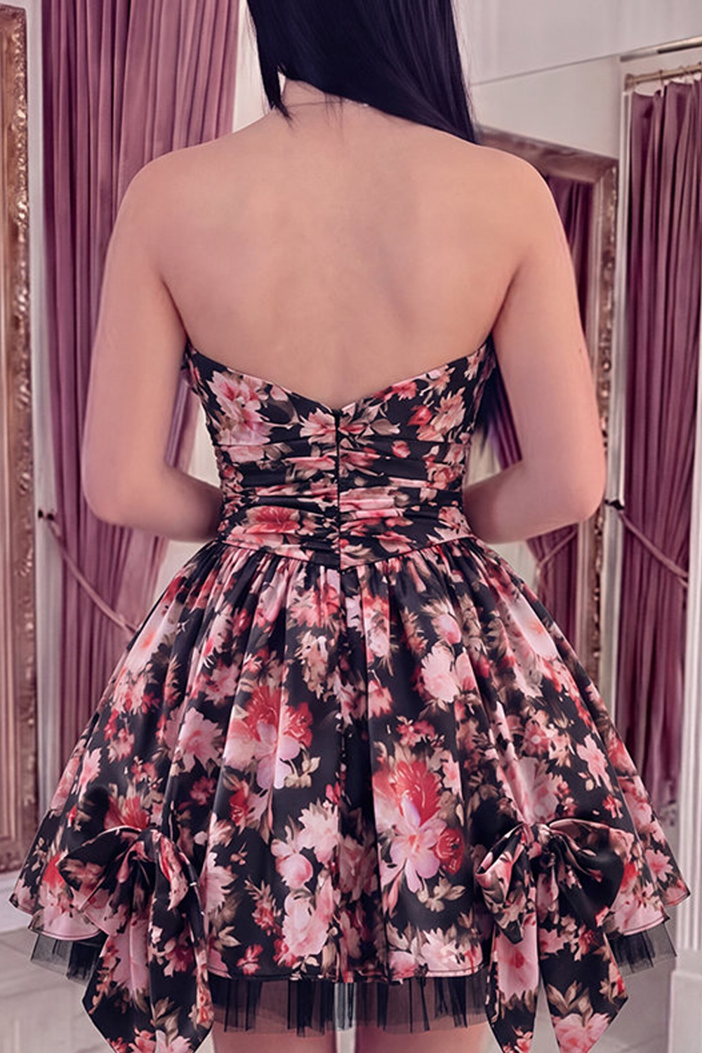 Black Pink Flower V-Neck A Line Short Ruched Homecoming Dress with Bows