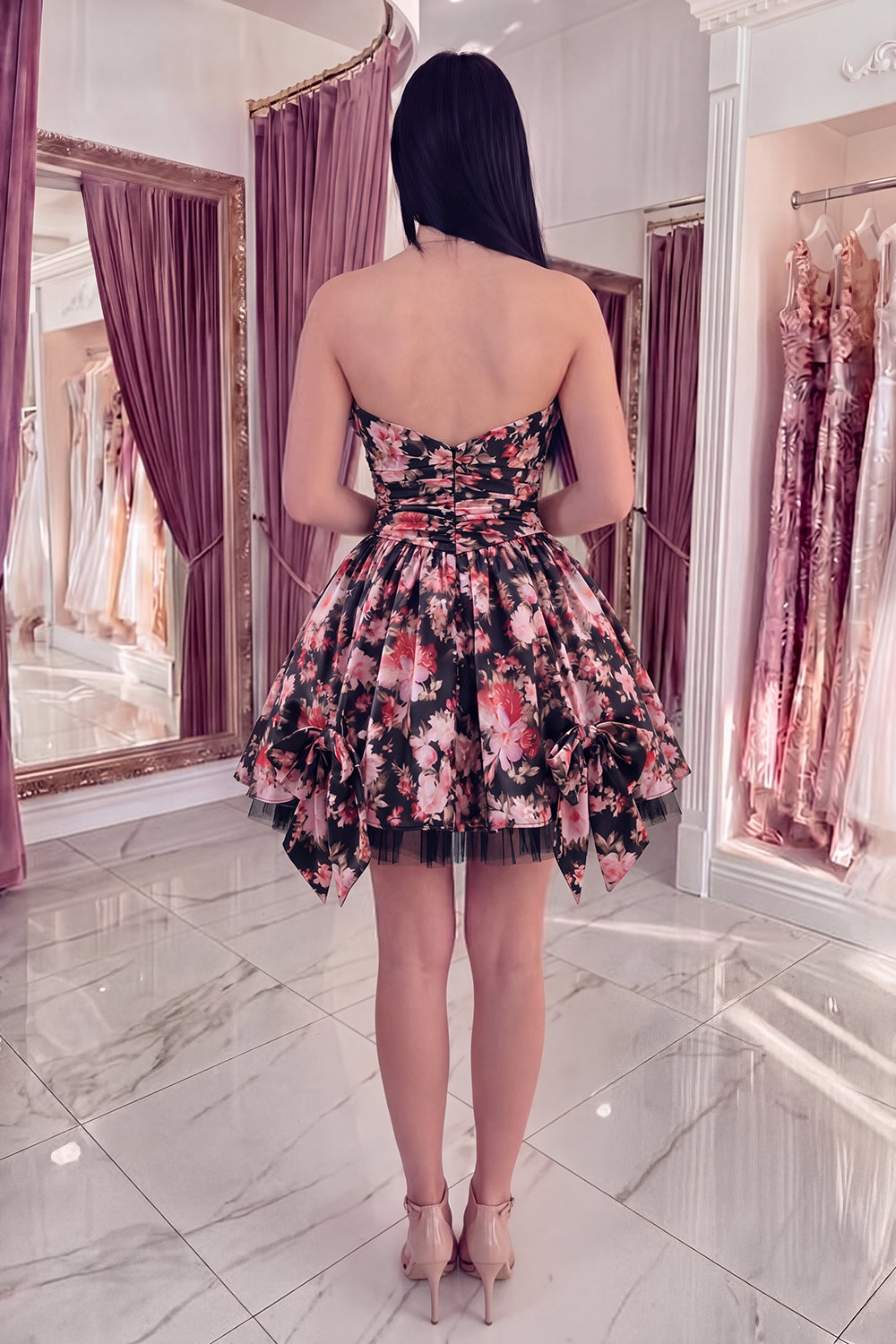 Black Pink Flower V-Neck A Line Short Ruched Homecoming Dress with Bows