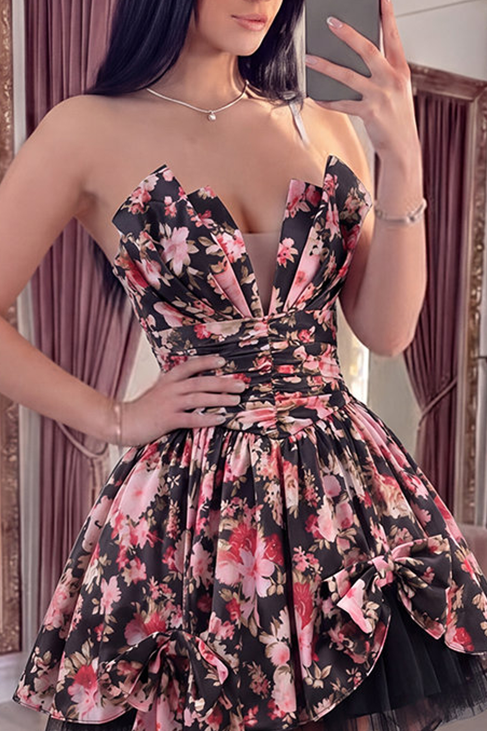 Black Pink Flower V-Neck A Line Short Ruched Homecoming Dress with Bows