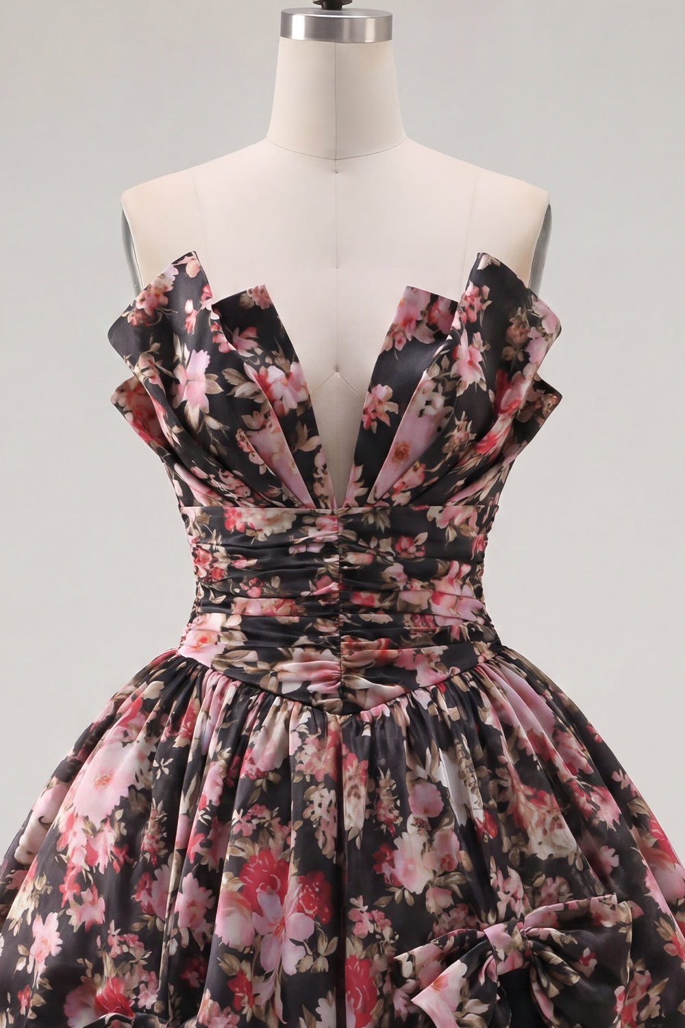 Black Pink Flower V-Neck A Line Short Ruched Homecoming Dress with Bows
