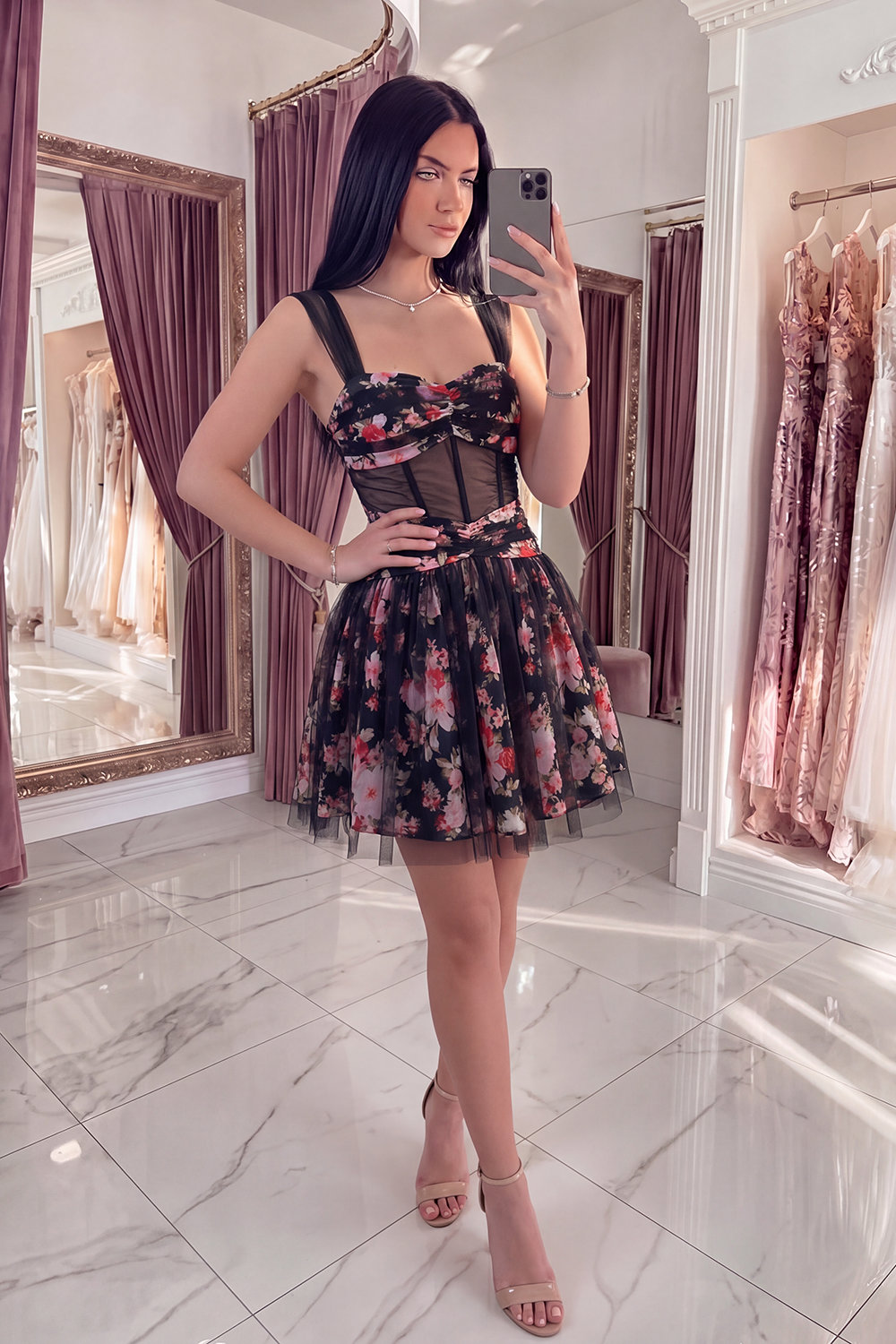 Black Pink Floral A Line Ruched Short Corset Homecoming Dress