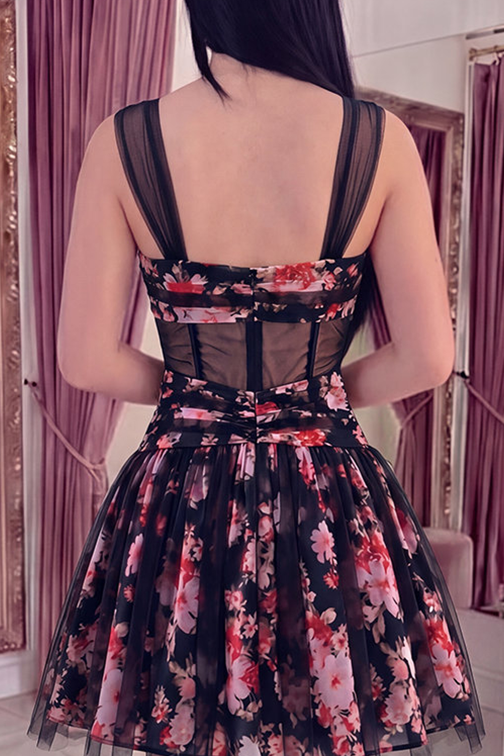 Black Pink Floral A Line Ruched Short Corset Homecoming Dress