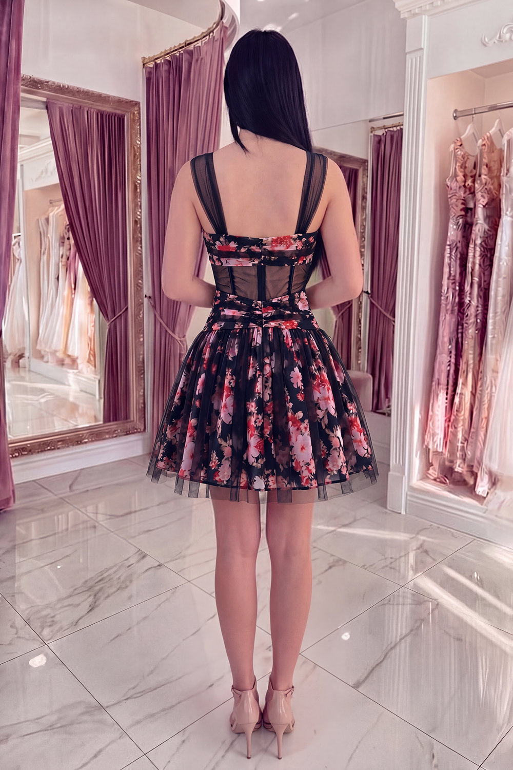 Black Pink Floral A Line Ruched Short Corset Homecoming Dress