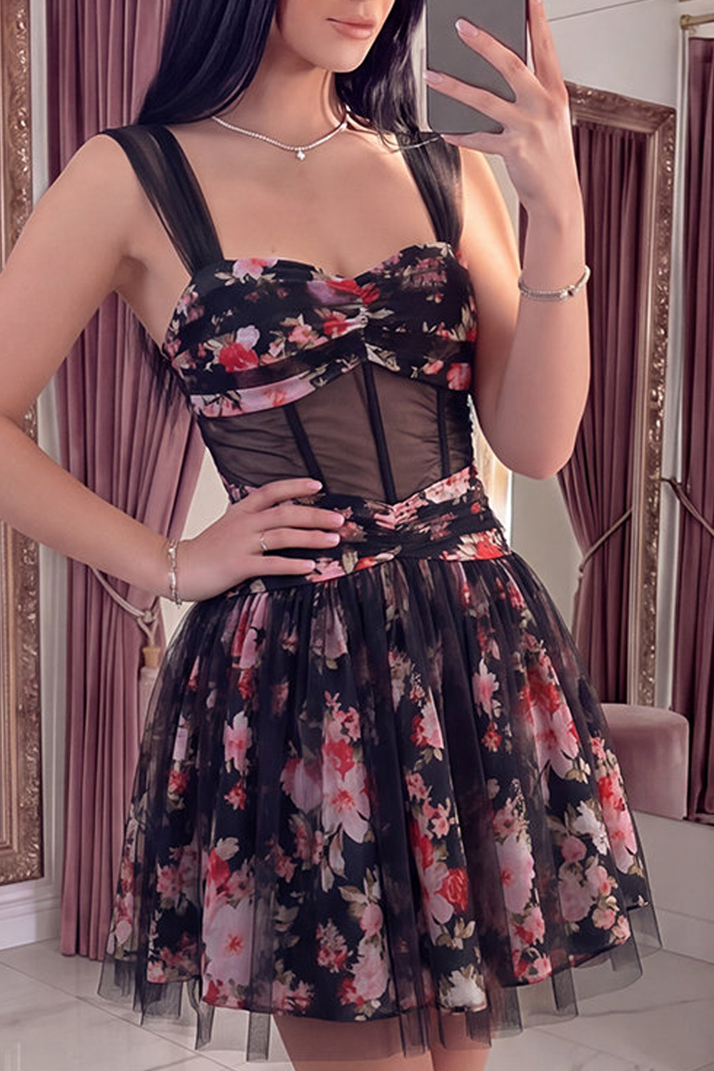 Black Pink Floral A Line Ruched Short Corset Homecoming Dress
