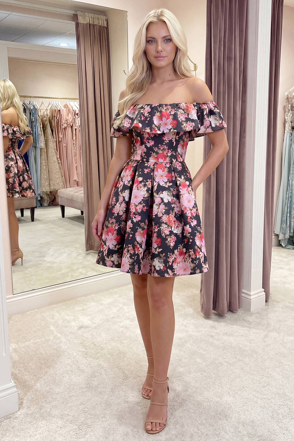 Black Pink Flower A Line Off the Shoulder Short Homecoming Dress
