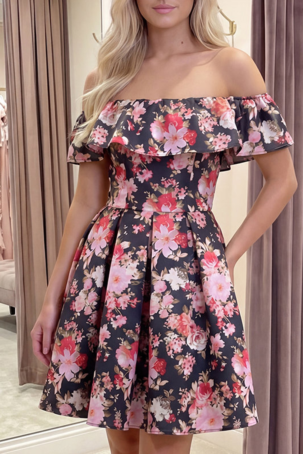 Black Pink Flower A Line Off the Shoulder Short Homecoming Dress