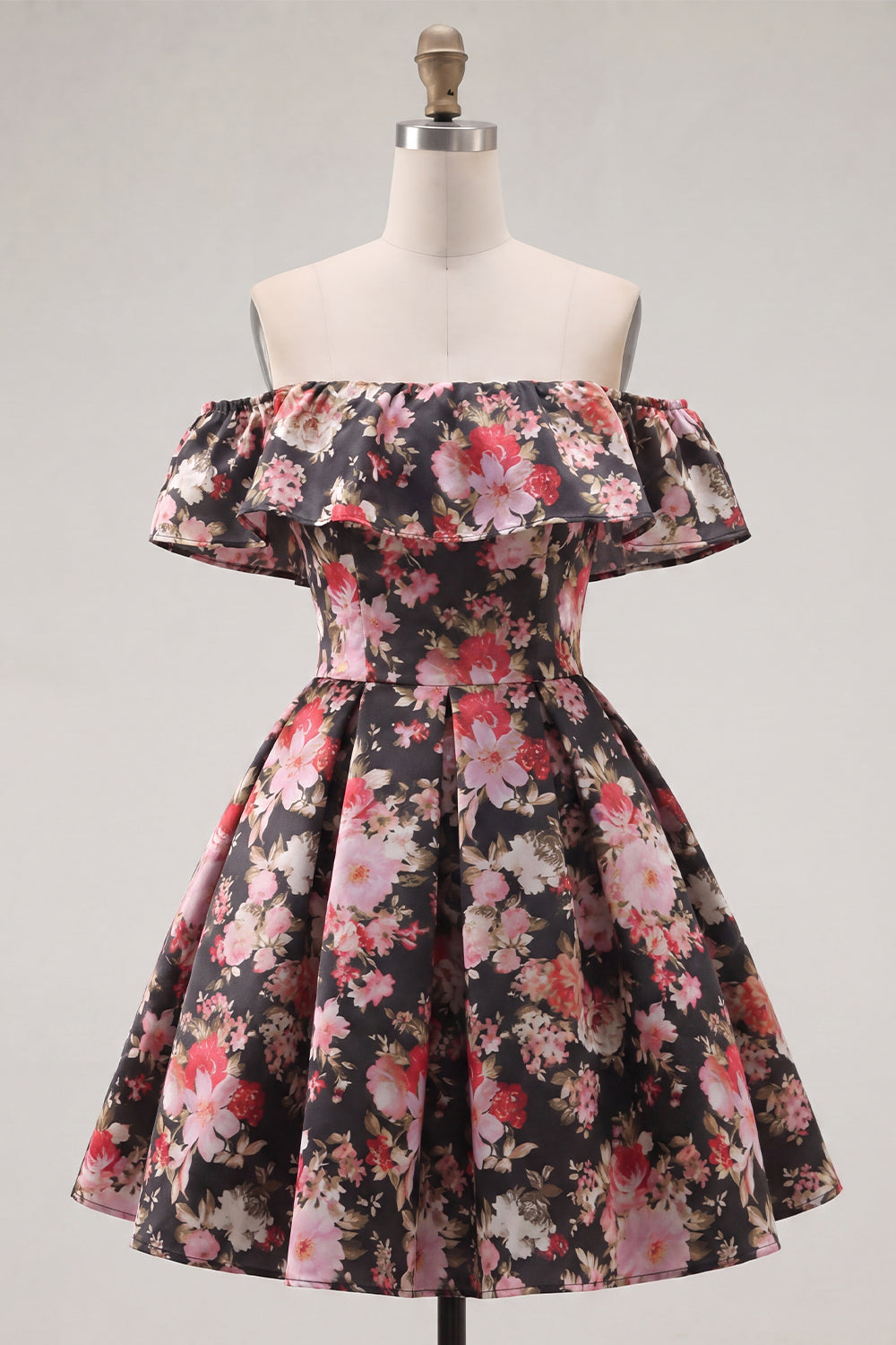 Black Pink Flower A Line Off the Shoulder Short Homecoming Dress