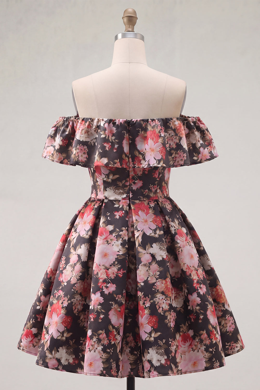 Black Pink Flower A Line Off the Shoulder Short Homecoming Dress