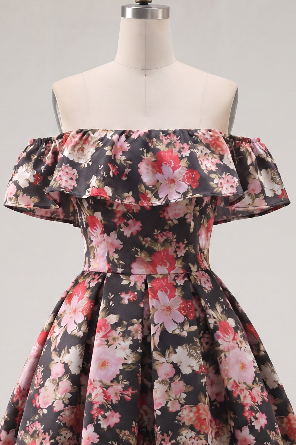 Black Pink Flower A Line Off the Shoulder Short Homecoming Dress