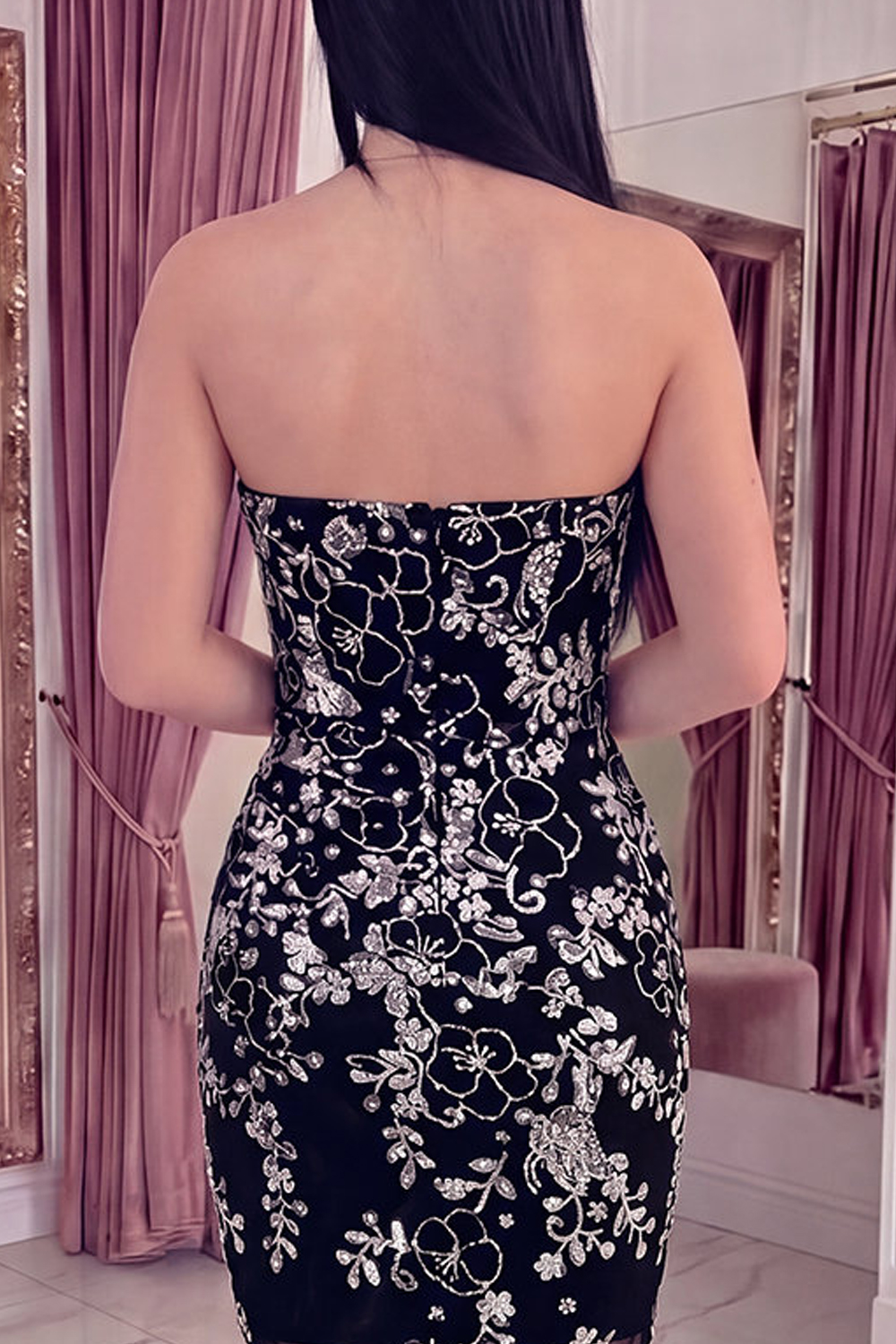 Sparkly Black Short Tight Ruched Floral Strapless Homecoming Dress with Sequins