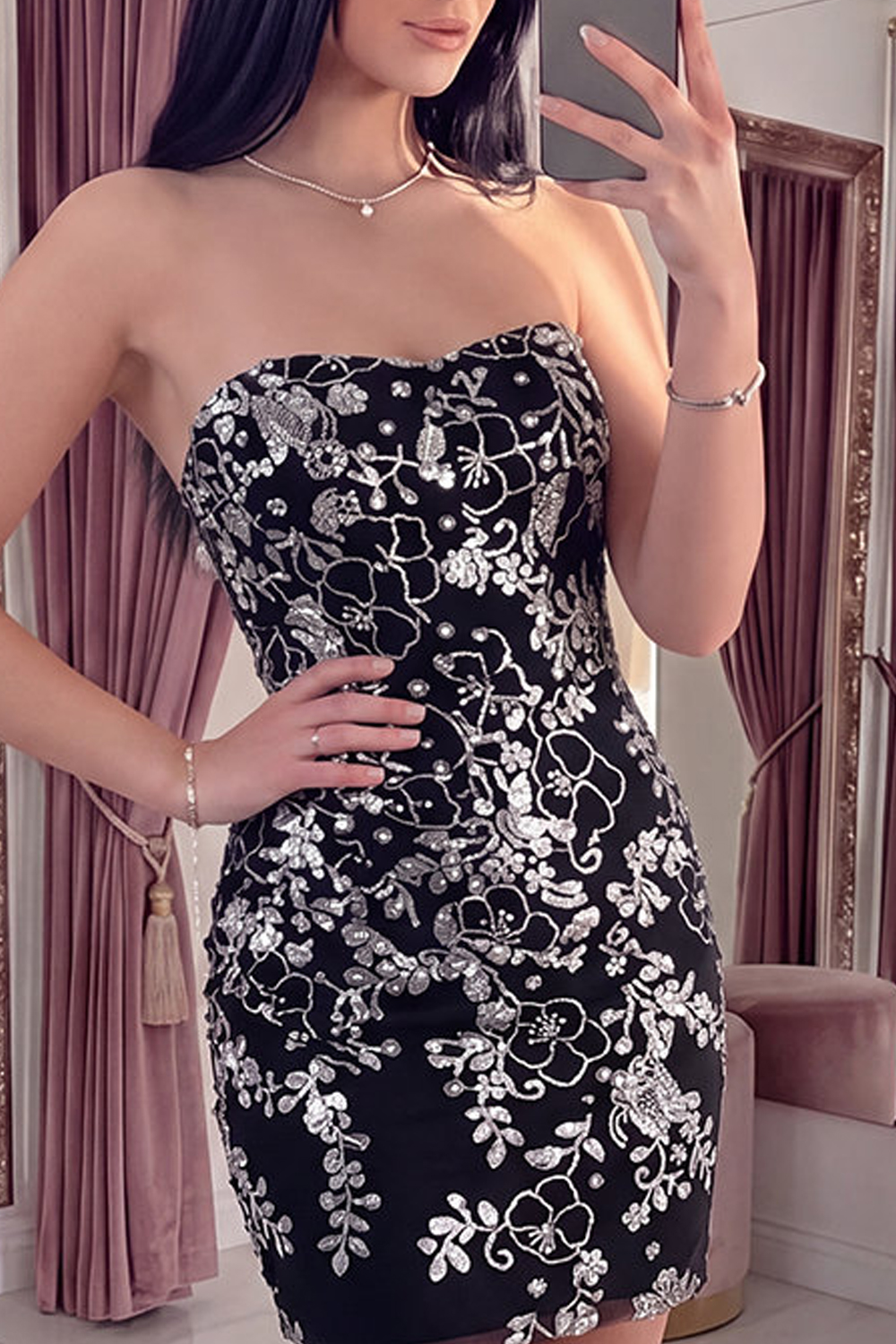 Sparkly Black Short Tight Ruched Floral Strapless Homecoming Dress with Sequins