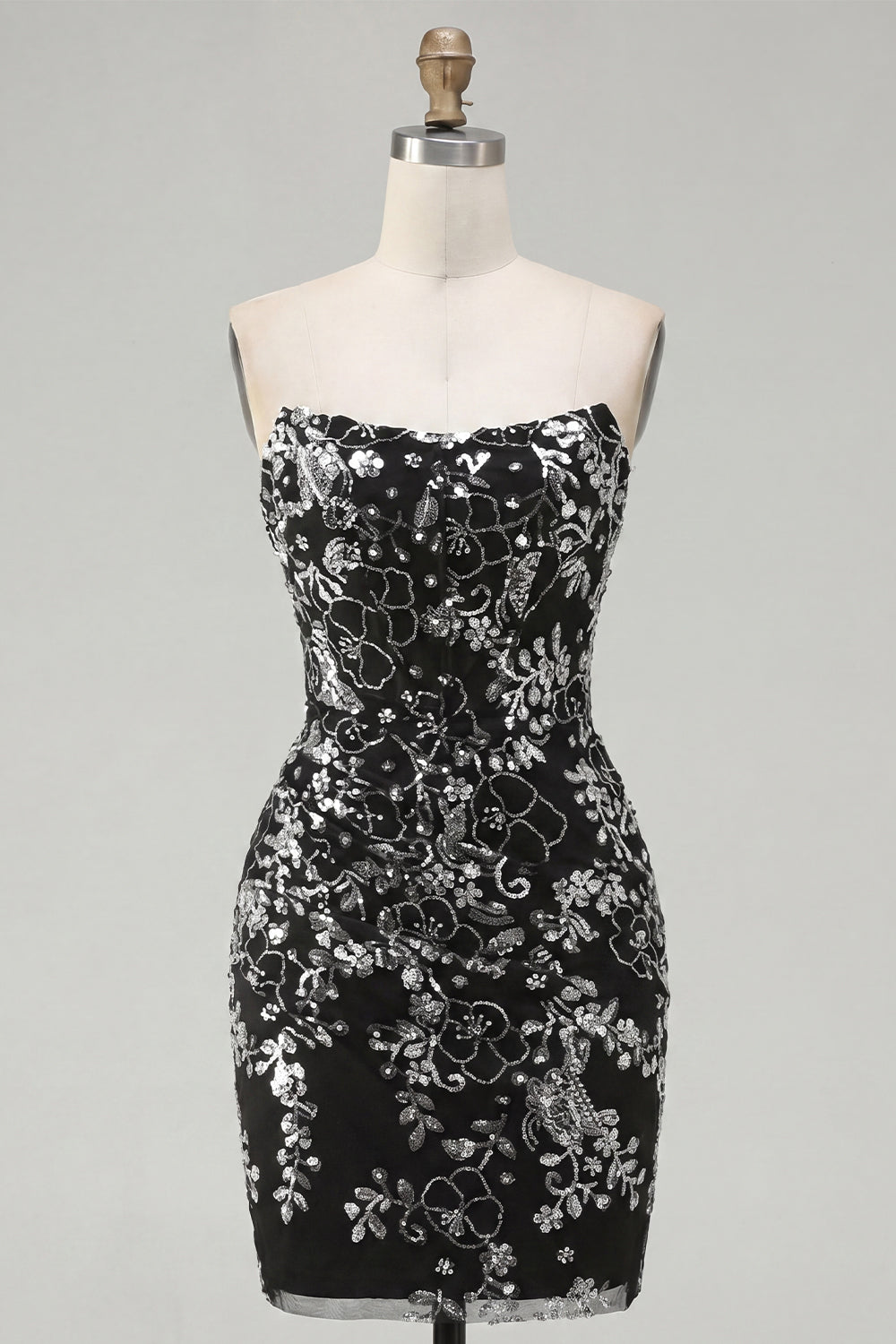 Sparkly Black Short Tight Ruched Floral Strapless Homecoming Dress with Sequins
