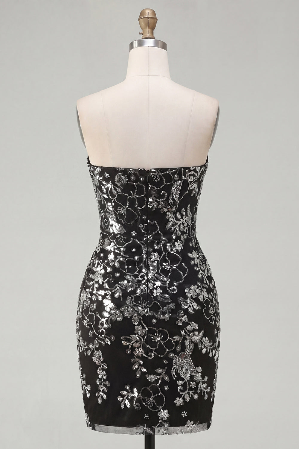 Sparkly Black Short Tight Ruched Floral Strapless Homecoming Dress with Sequins