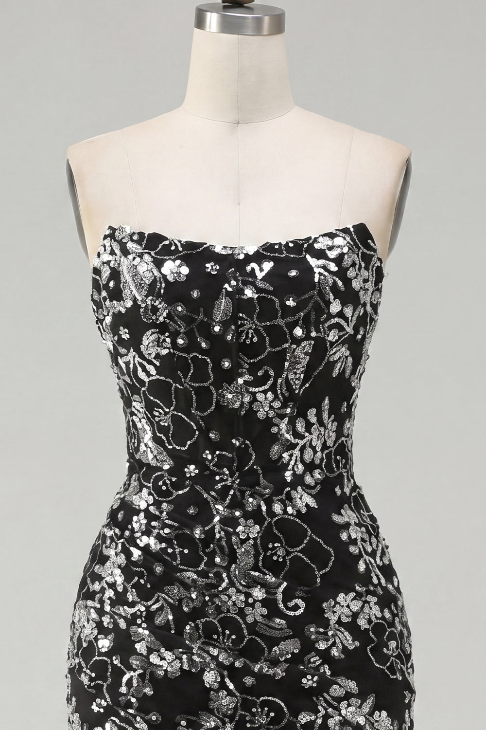 Sparkly Black Short Tight Ruched Floral Strapless Homecoming Dress with Sequins