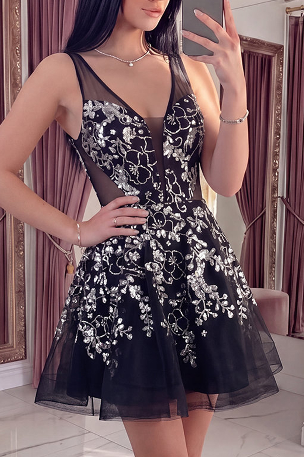  Sparkly Black Sequin Floral Short A Line Homecoming Dress