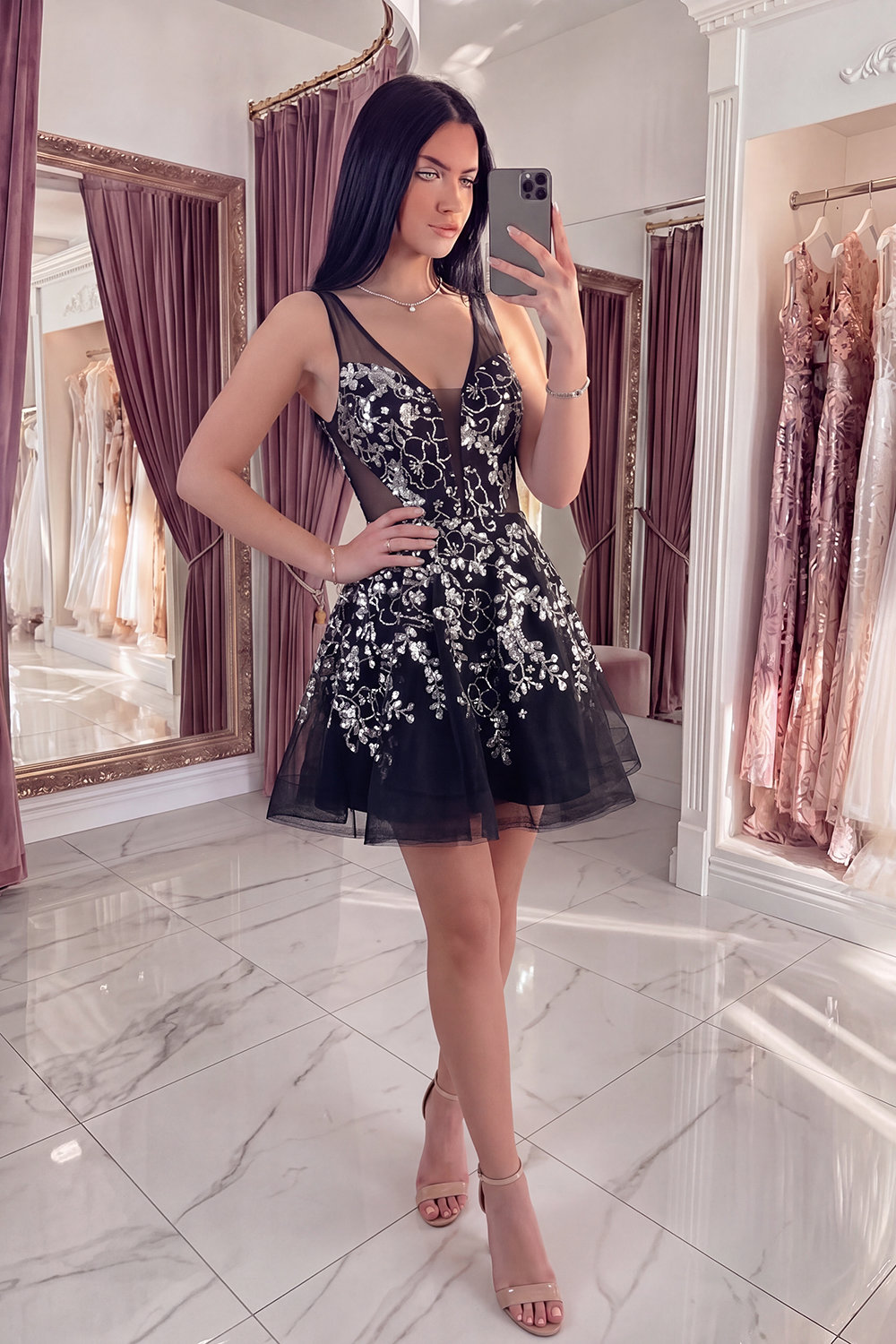  Sparkly Black Sequin Floral Short A Line Homecoming Dress