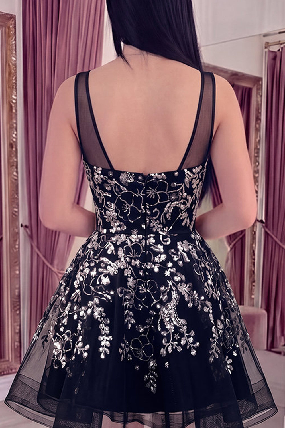  Sparkly Black Sequin Floral Short A Line Homecoming Dress