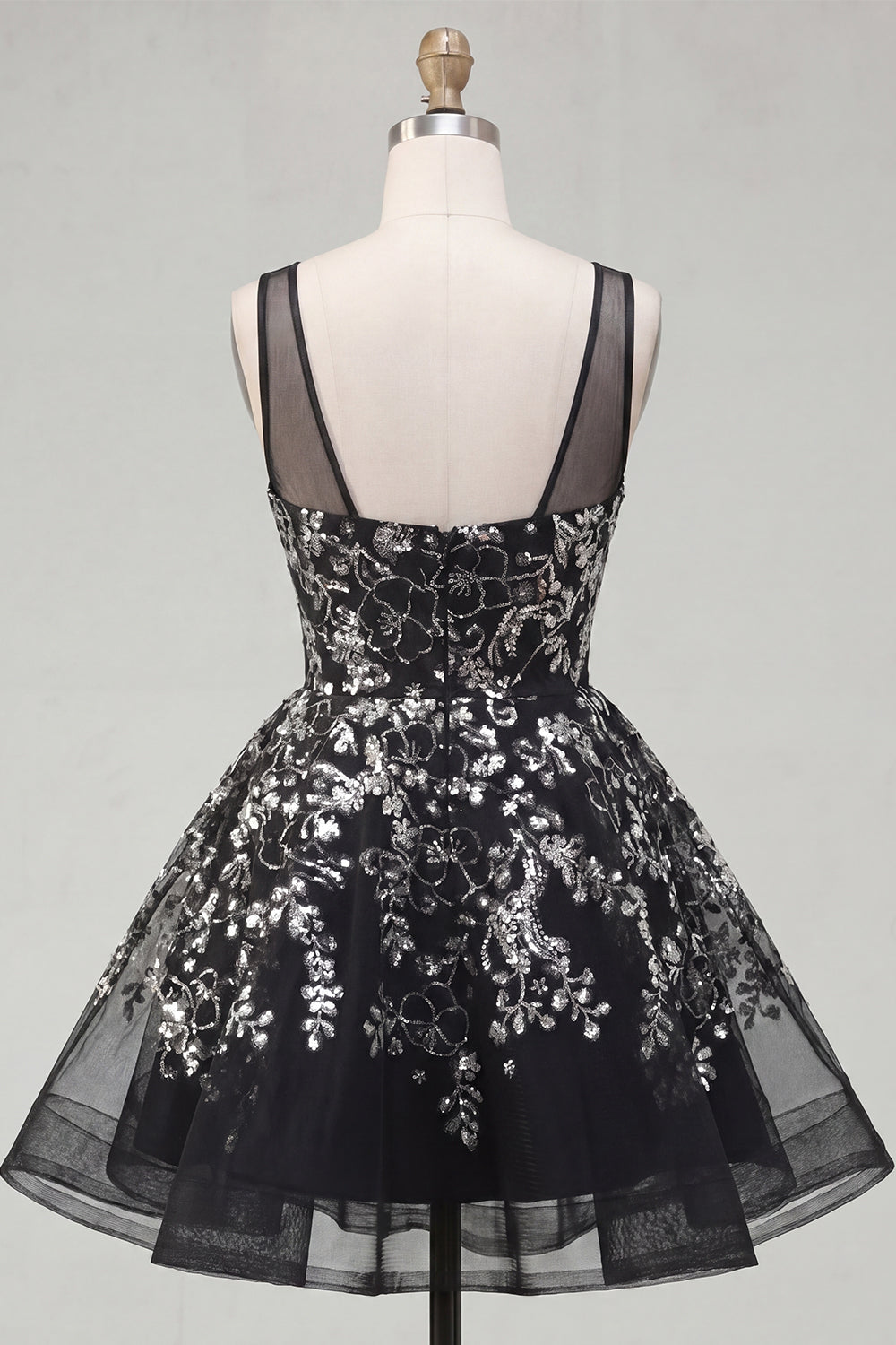  Sparkly Black Sequin Floral Short A Line Homecoming Dress
