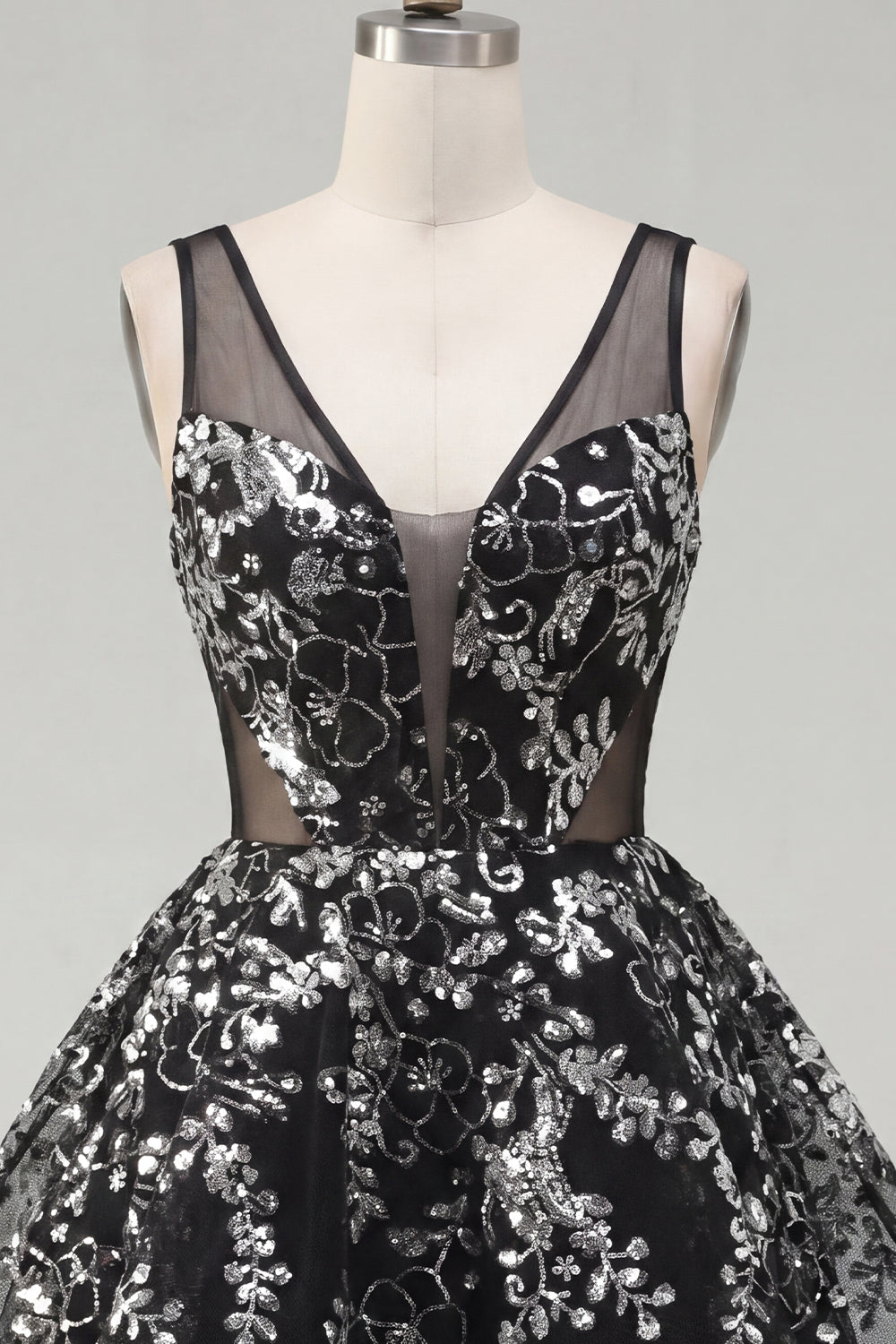  Sparkly Black Sequin Floral Short A Line Homecoming Dress