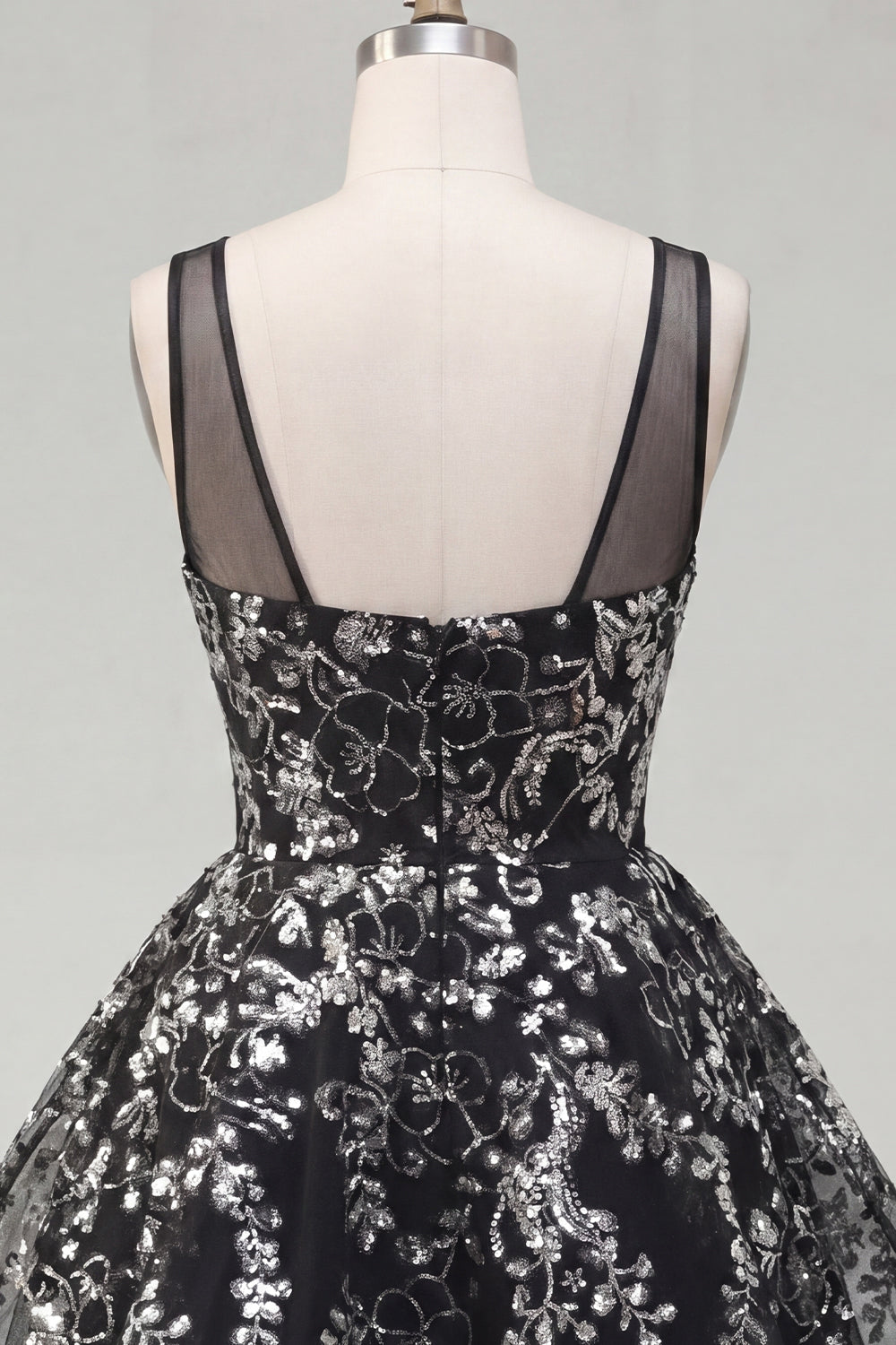  Sparkly Black Sequin Floral Short A Line Homecoming Dress