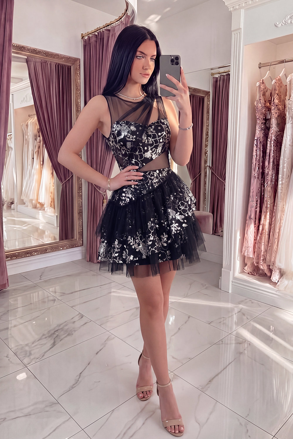 Sparkly Black Keyhole Short Sequin Floral A Line Homecoming Dress