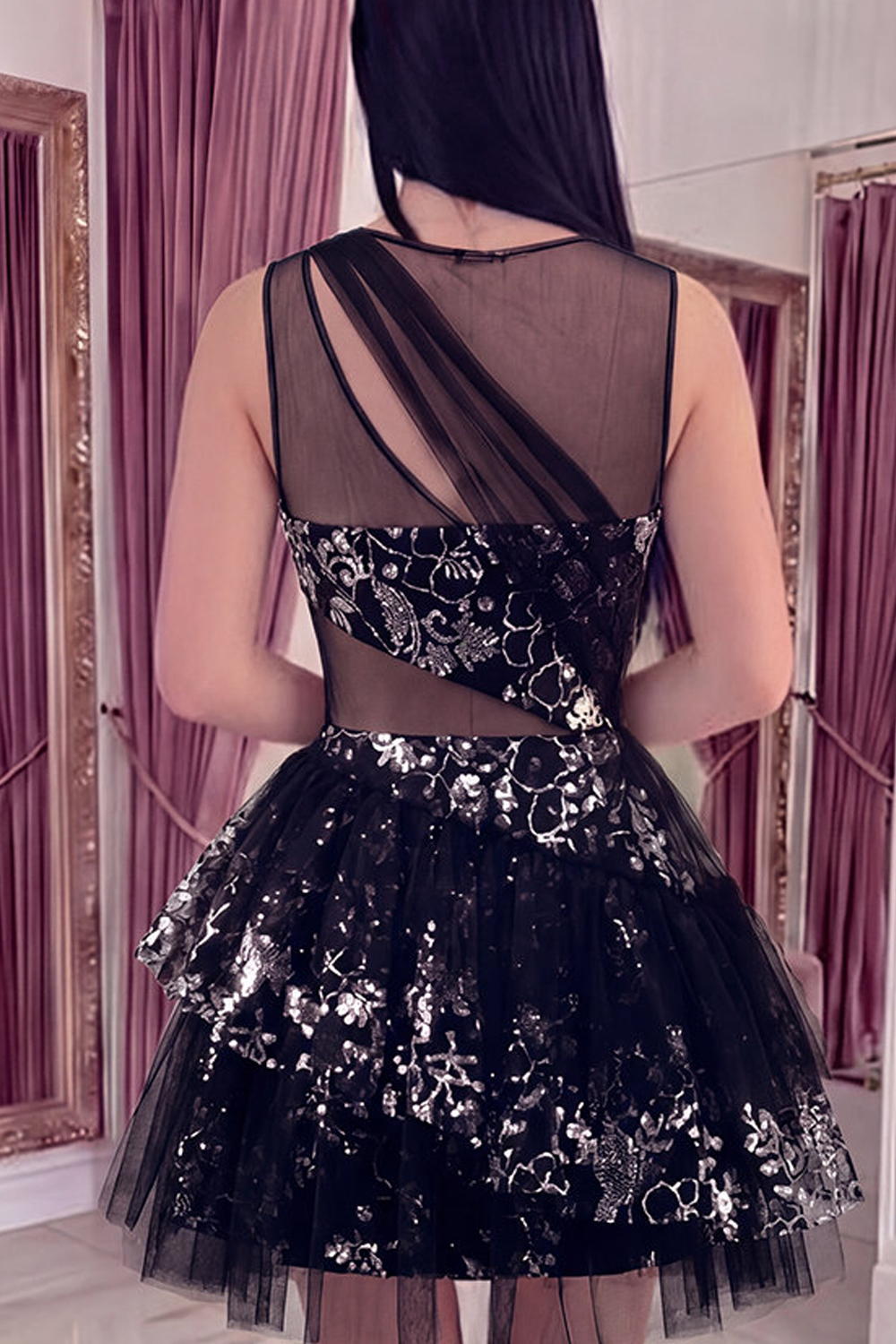 Sparkly Black Keyhole Short Sequin Floral A Line Homecoming Dress