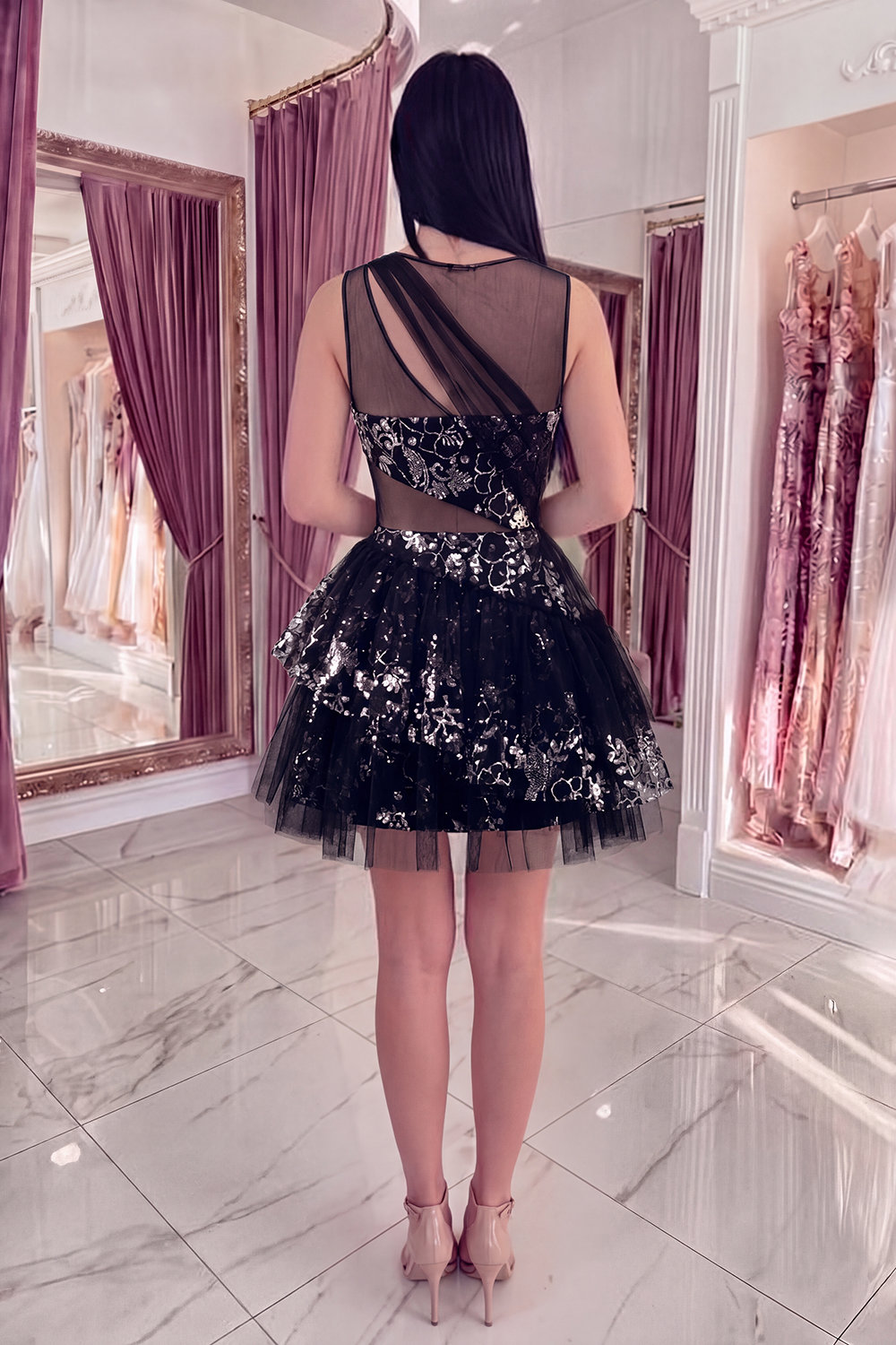 Sparkly Black Keyhole Short Sequin Floral A Line Homecoming Dress