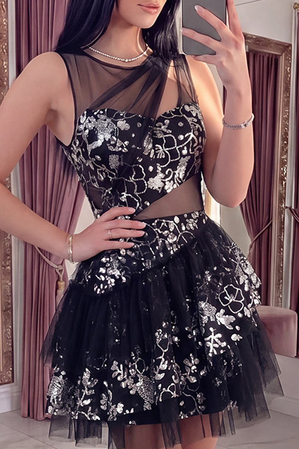 Sparkly Black Keyhole Short Sequin Floral A Line Homecoming Dress