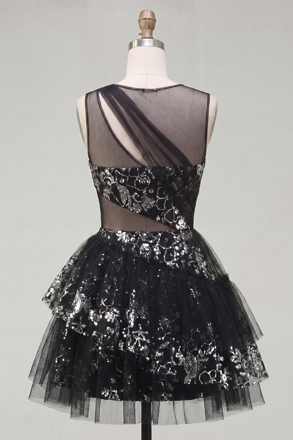 Sparkly Black Keyhole Short Sequin Floral A Line Homecoming Dress