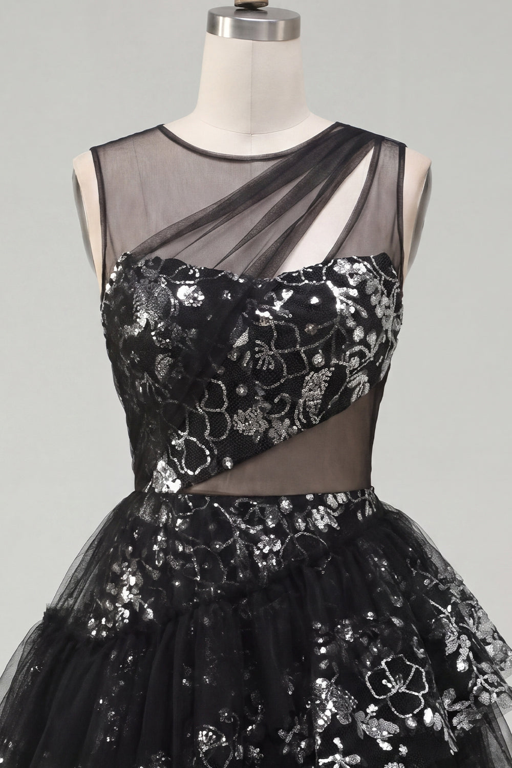 Sparkly Black Keyhole Short Sequin Floral A Line Homecoming Dress