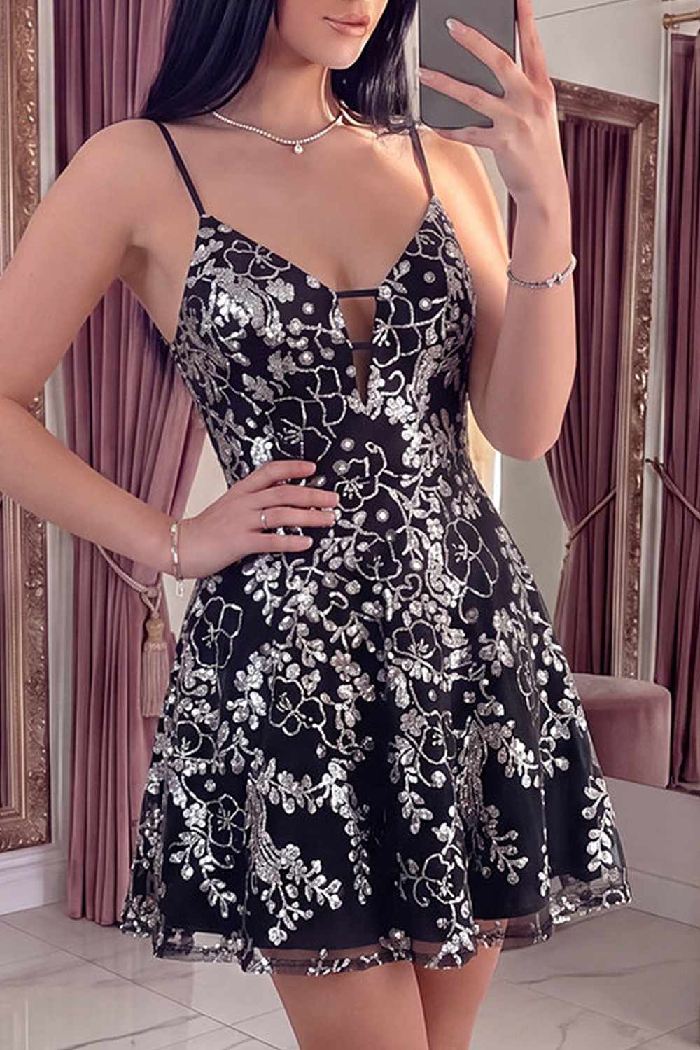 Sparkly Spaghetti Straps Floral Black Short Sequin A Line Homecoming Dress