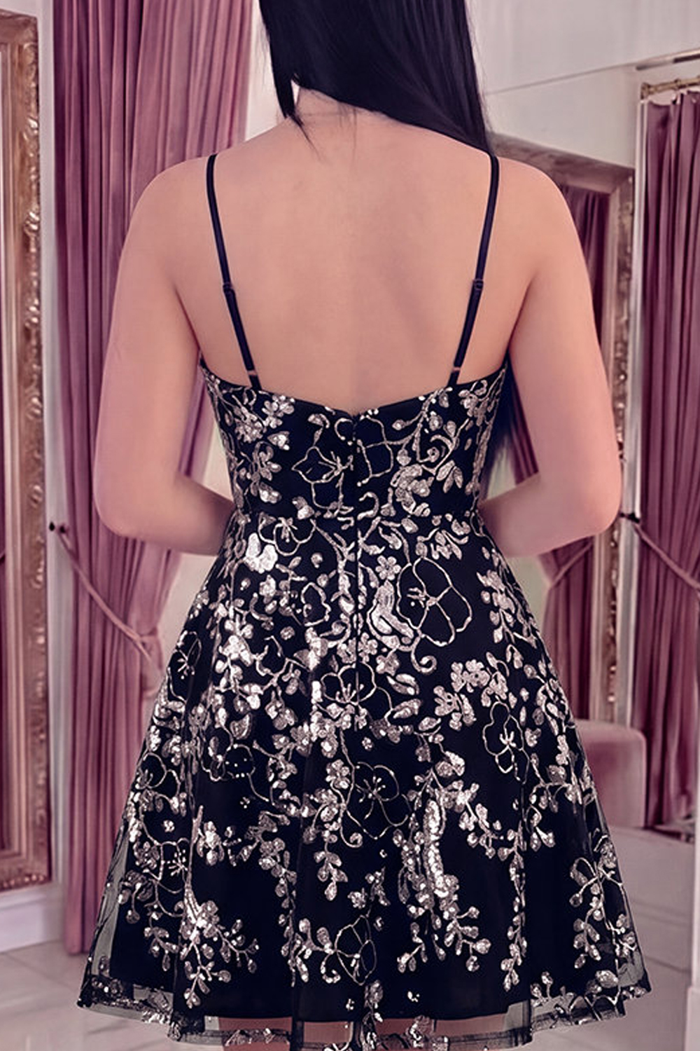 Sparkly Spaghetti Straps Floral Black Short Sequin A Line Homecoming Dress