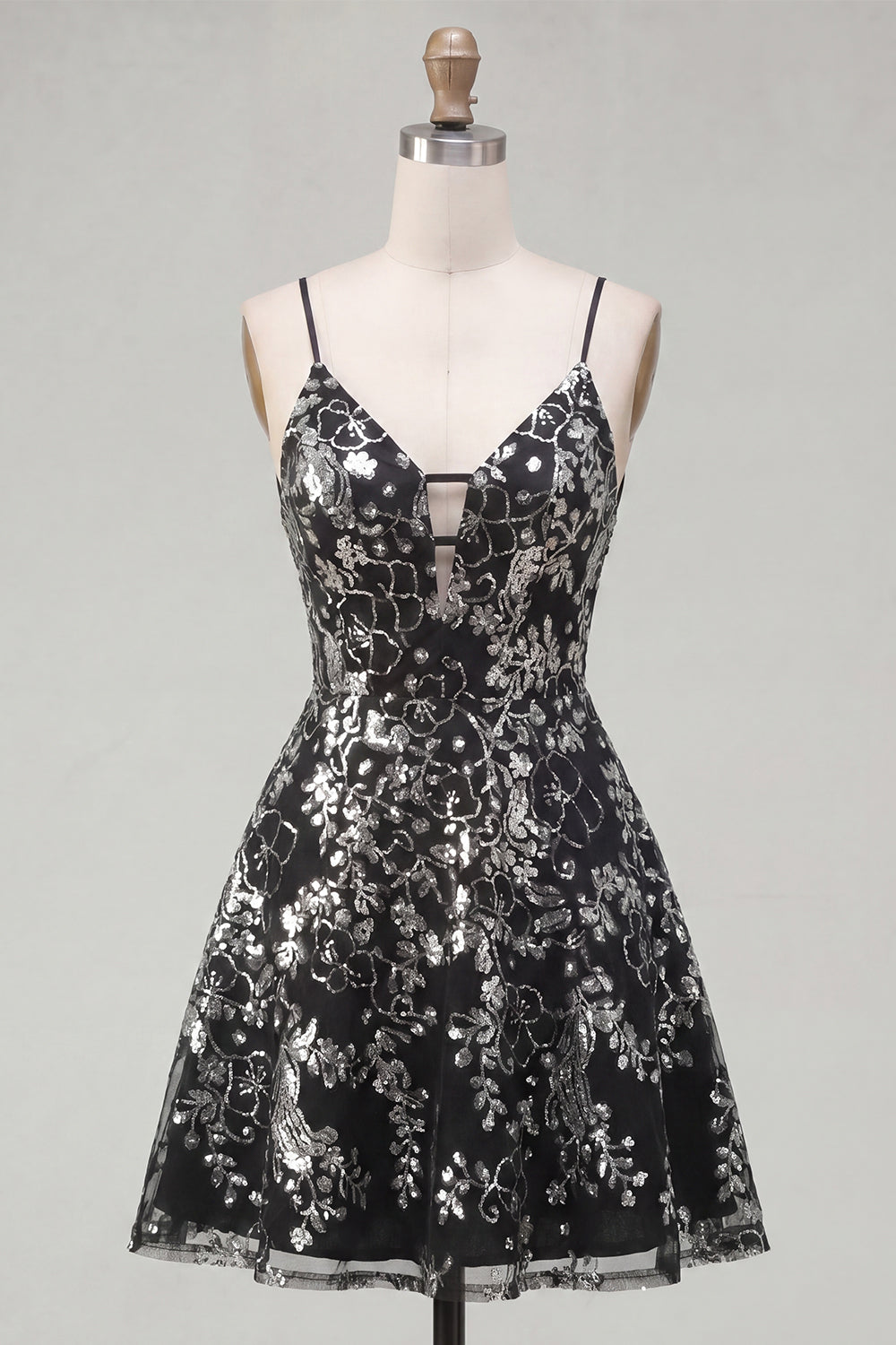 Sparkly Spaghetti Straps Floral Black Short Sequin A Line Homecoming Dress