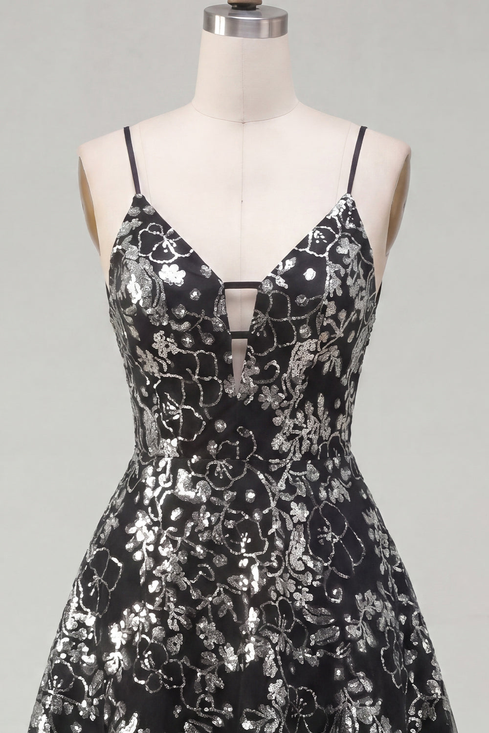 Sparkly Spaghetti Straps Floral Black Short Sequin A Line Homecoming Dress