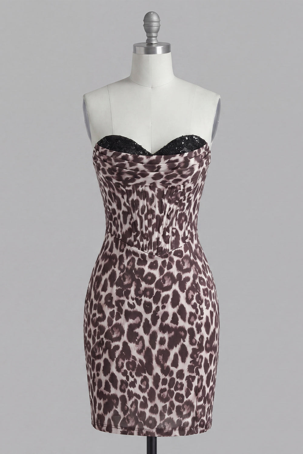 Sparkly Coffee Leopard Print Short Ruched Tight Corset Homecoming Dress with Beading