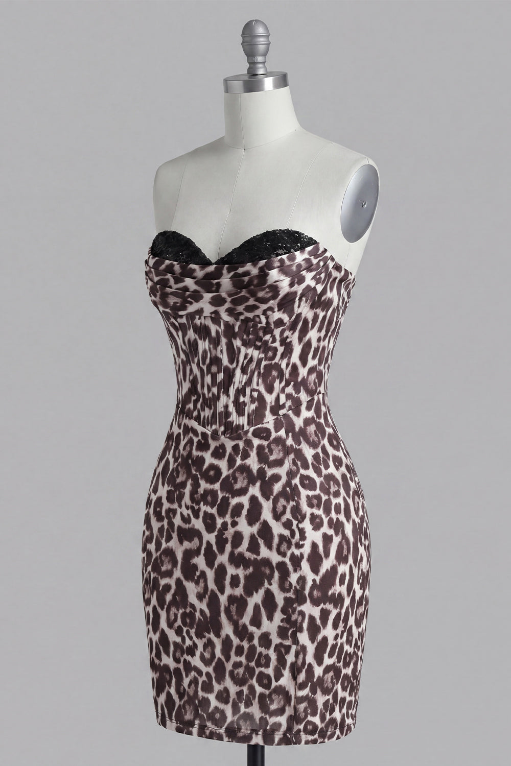 Sparkly Coffee Leopard Print Short Ruched Tight Corset Homecoming Dress with Beading