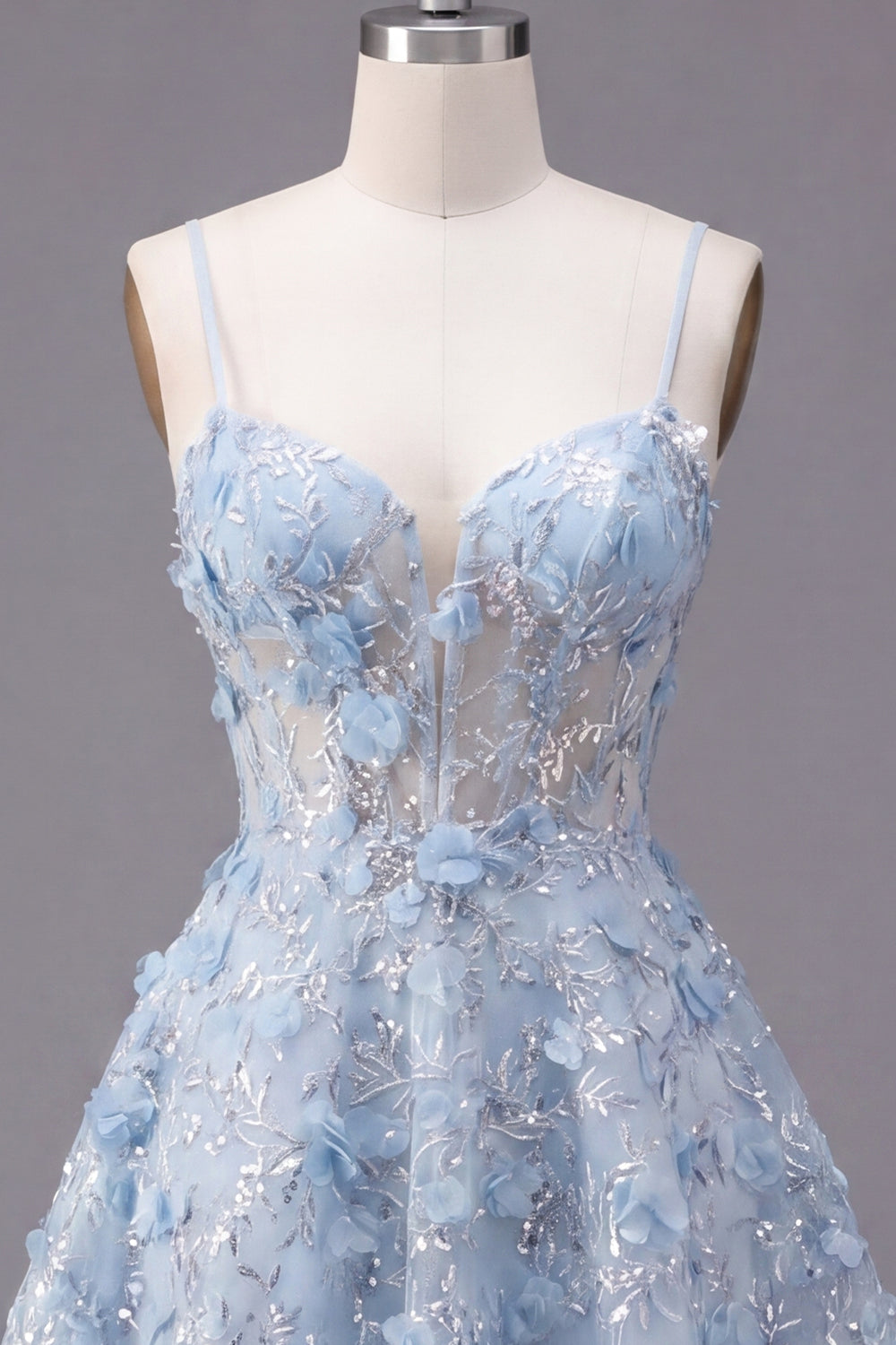 Sparkly Blue Spaghetti Straps Floral Short Sequin A Line Corset Homecoming Dress
