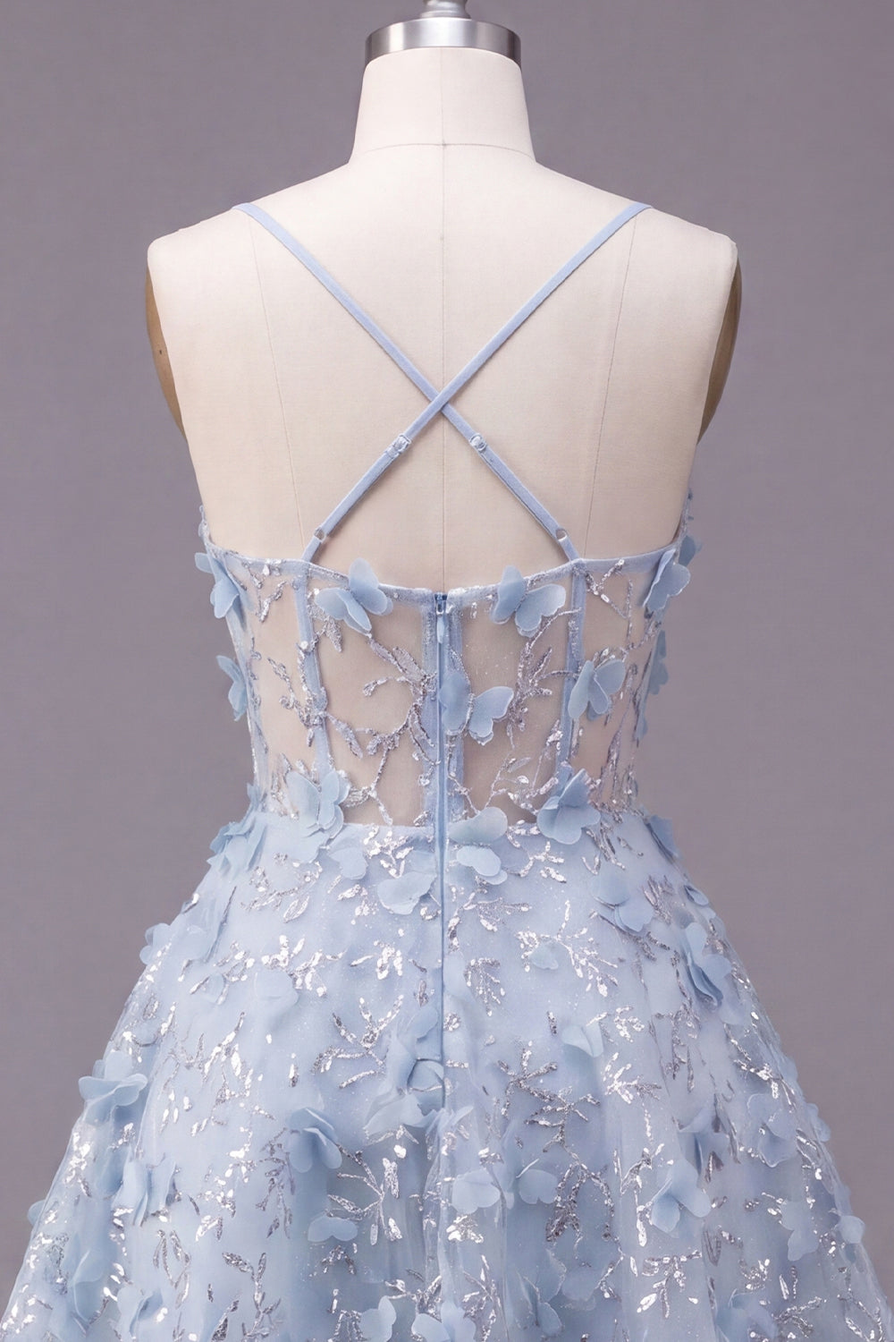 Sparkly Blue Spaghetti Straps Floral Short Sequin A Line Corset Homecoming Dress
