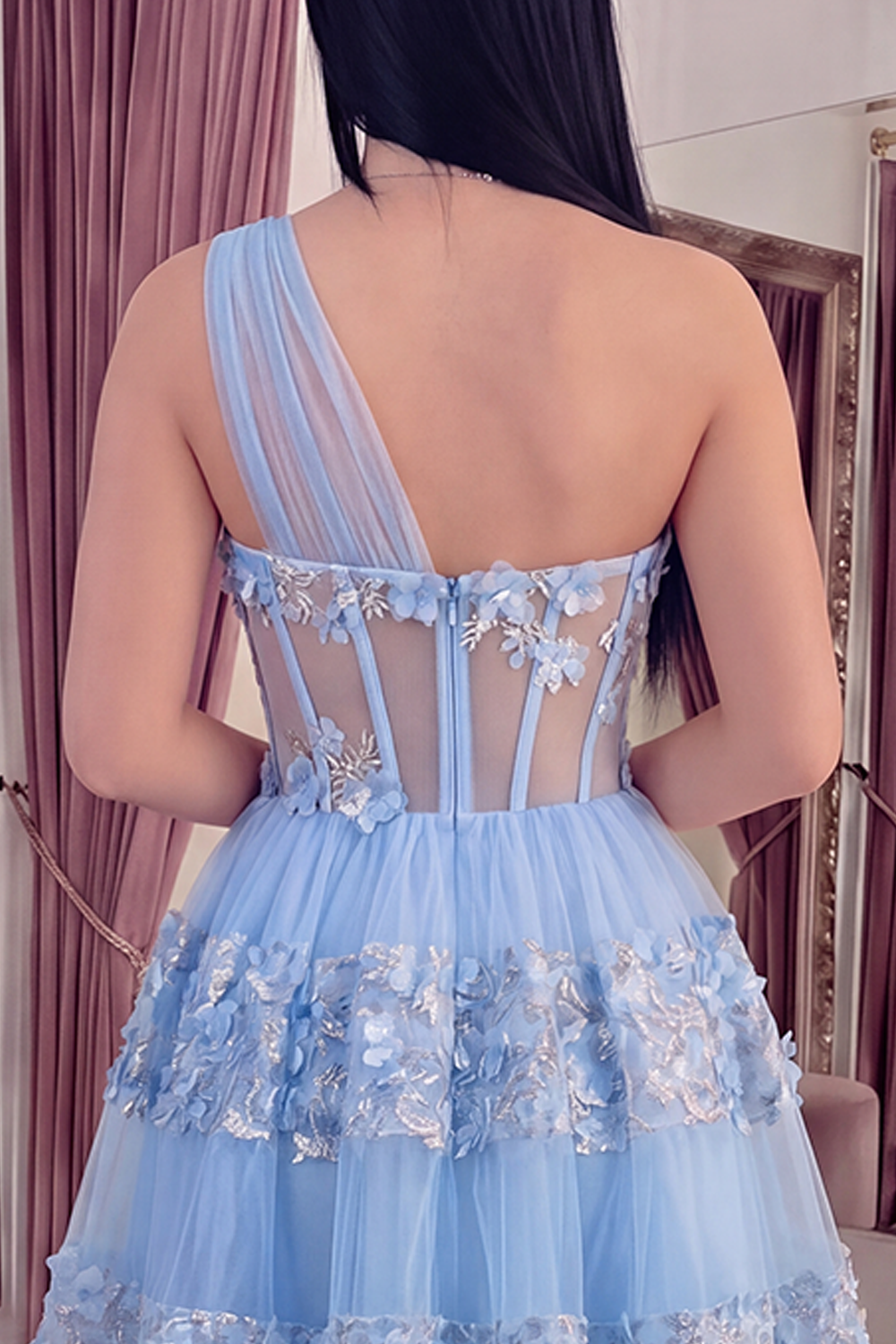 Sparkly Blue Corset Keyhole Floral Short Sequin A Line Homecoming Dress with Ruffles