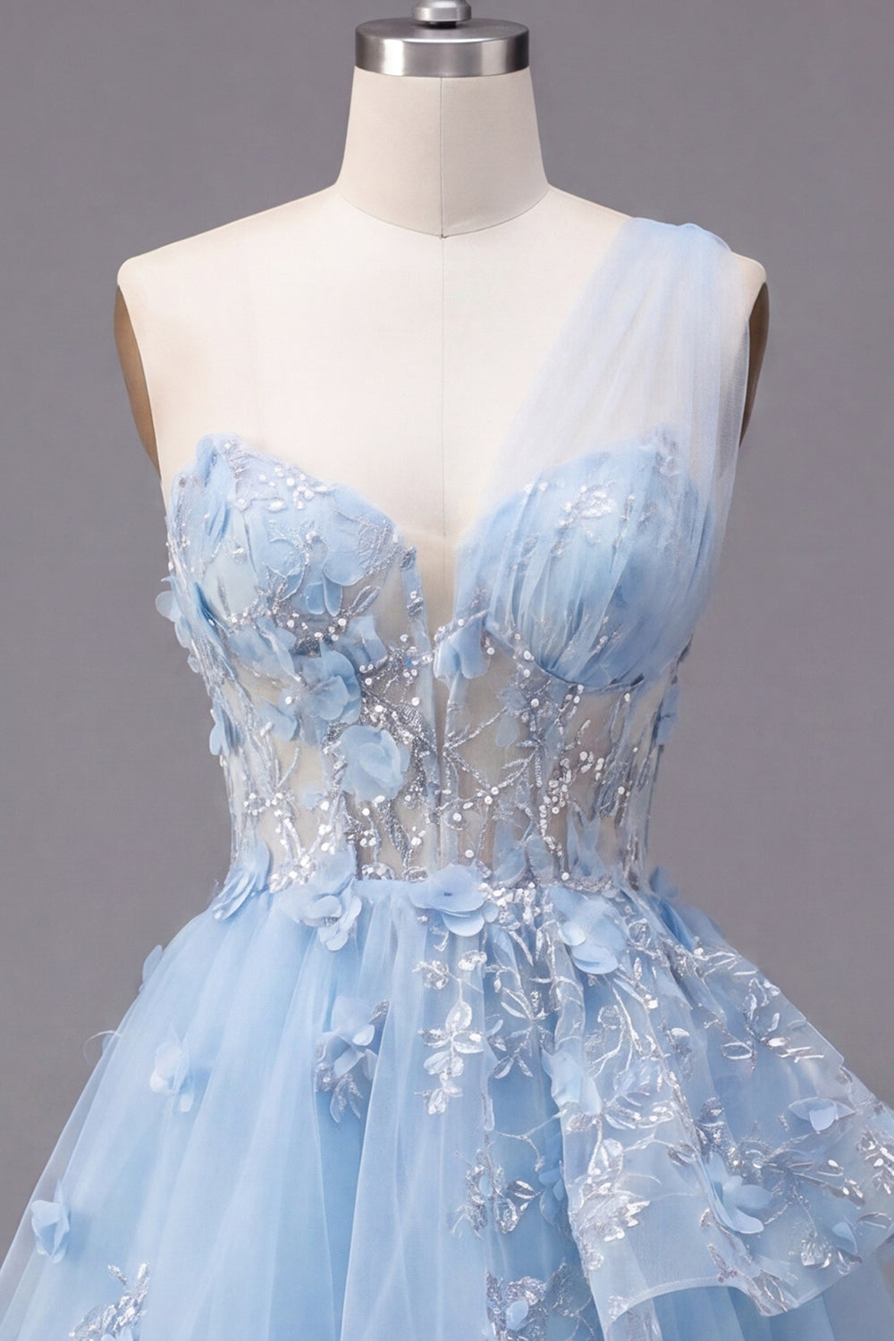 Sparkly Blue Beaded Short Corset Floral A Line Homecoming Dress with Ruffles