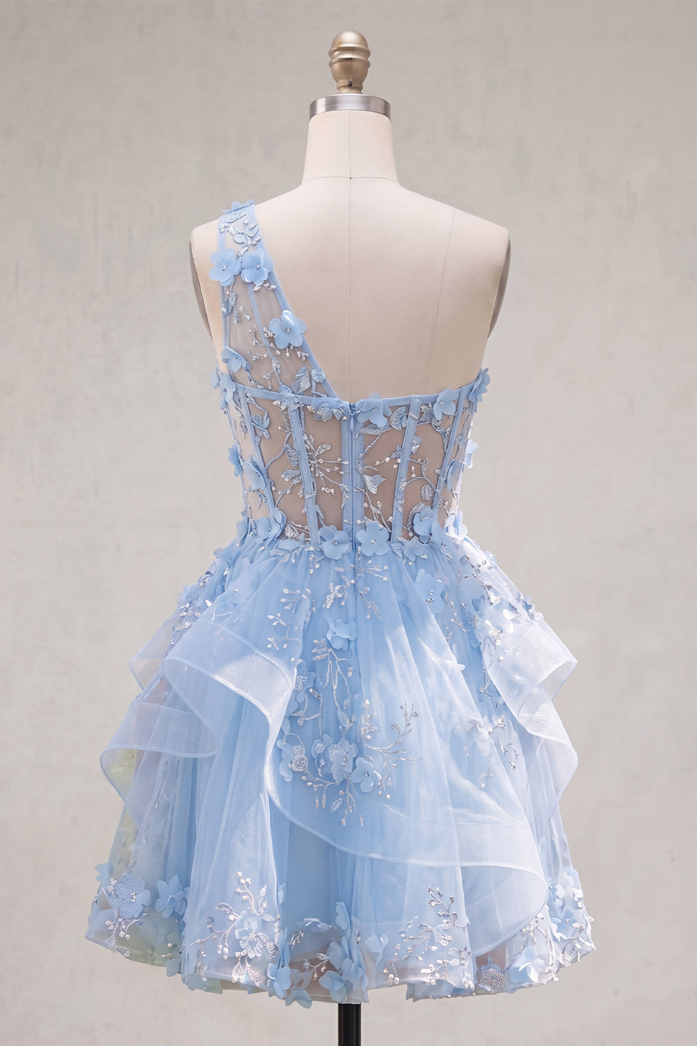 Sparkly Blue Keyhole Short Beaded Corset Floral A Line Homecoming Dress with Ruffles