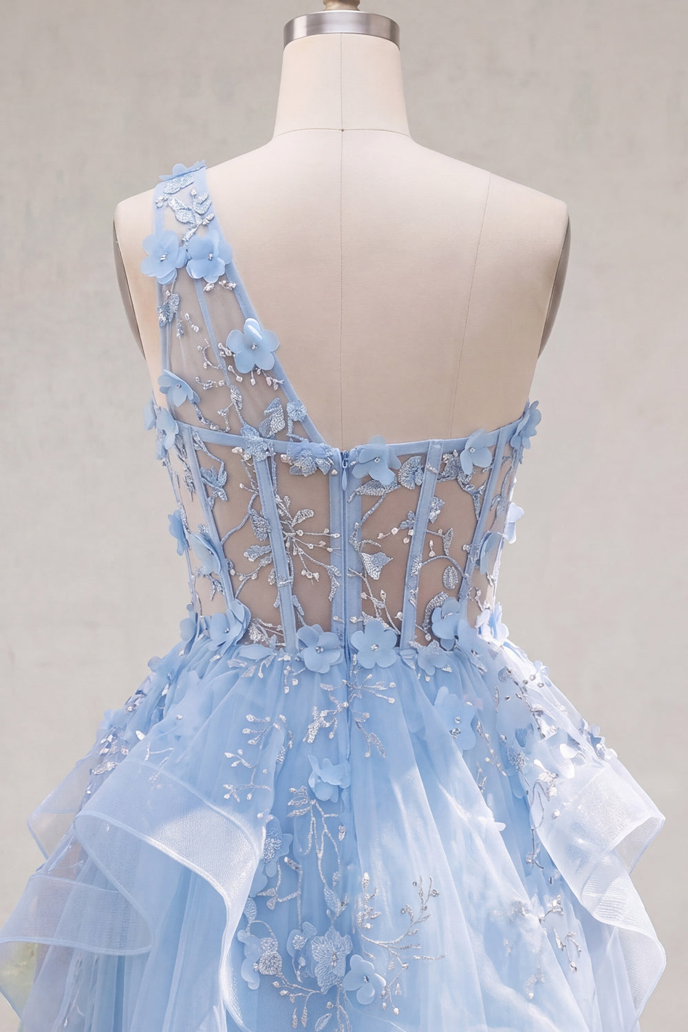Sparkly Blue Keyhole Short Beaded Corset Floral A Line Homecoming Dress with Ruffles