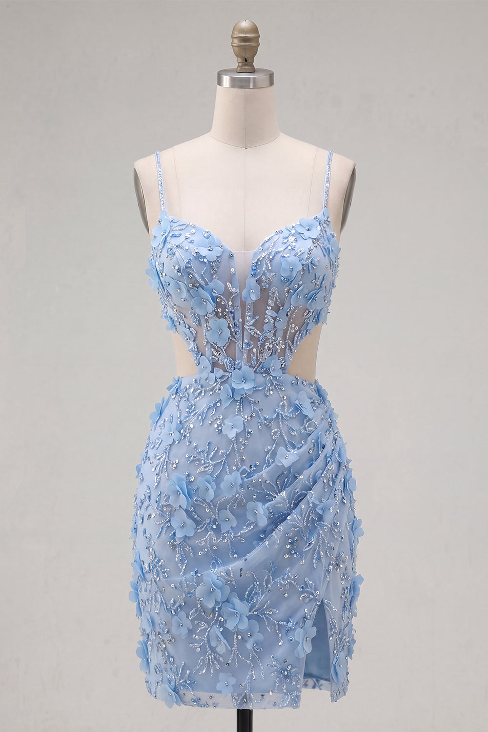 Sparkly Blue Tight Corset Floral Short Cut Out Beaded Homecoming Dress with Slit