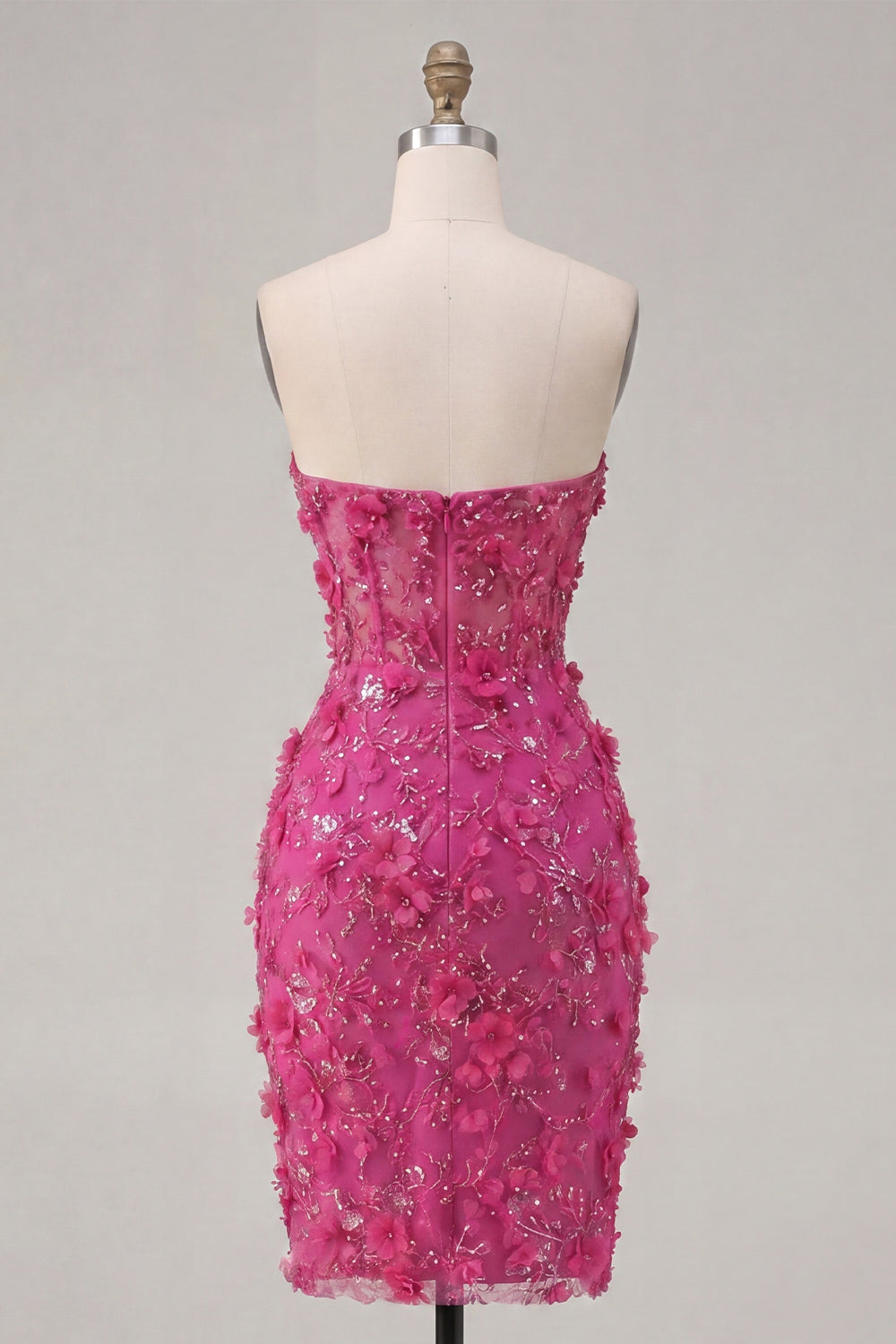 Sparkly Fuchsia Corset Sweetheart Floral Tight Short Homecoming Dress with Beading