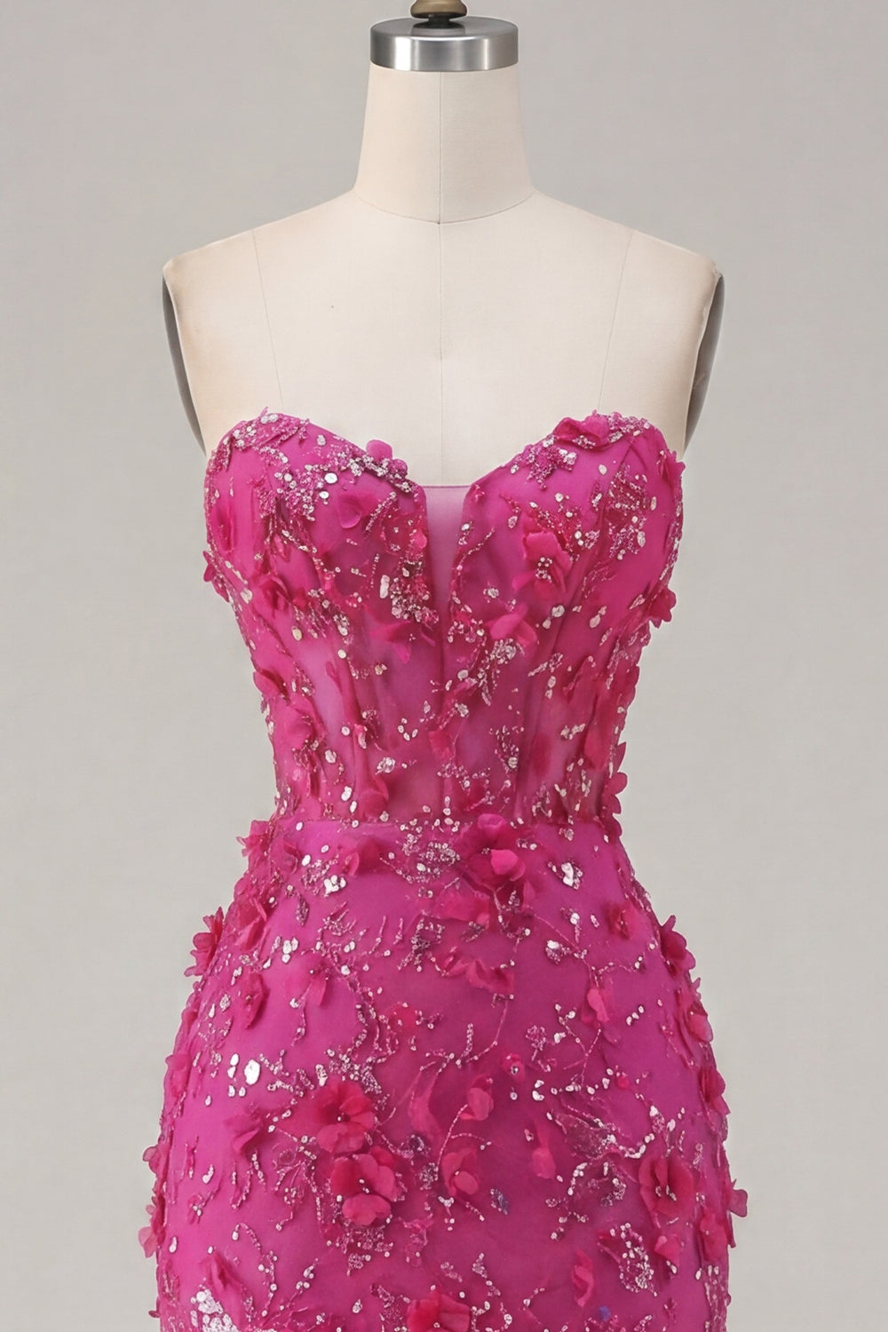 Sparkly Fuchsia Corset Sweetheart Floral Tight Short Homecoming Dress with Beading