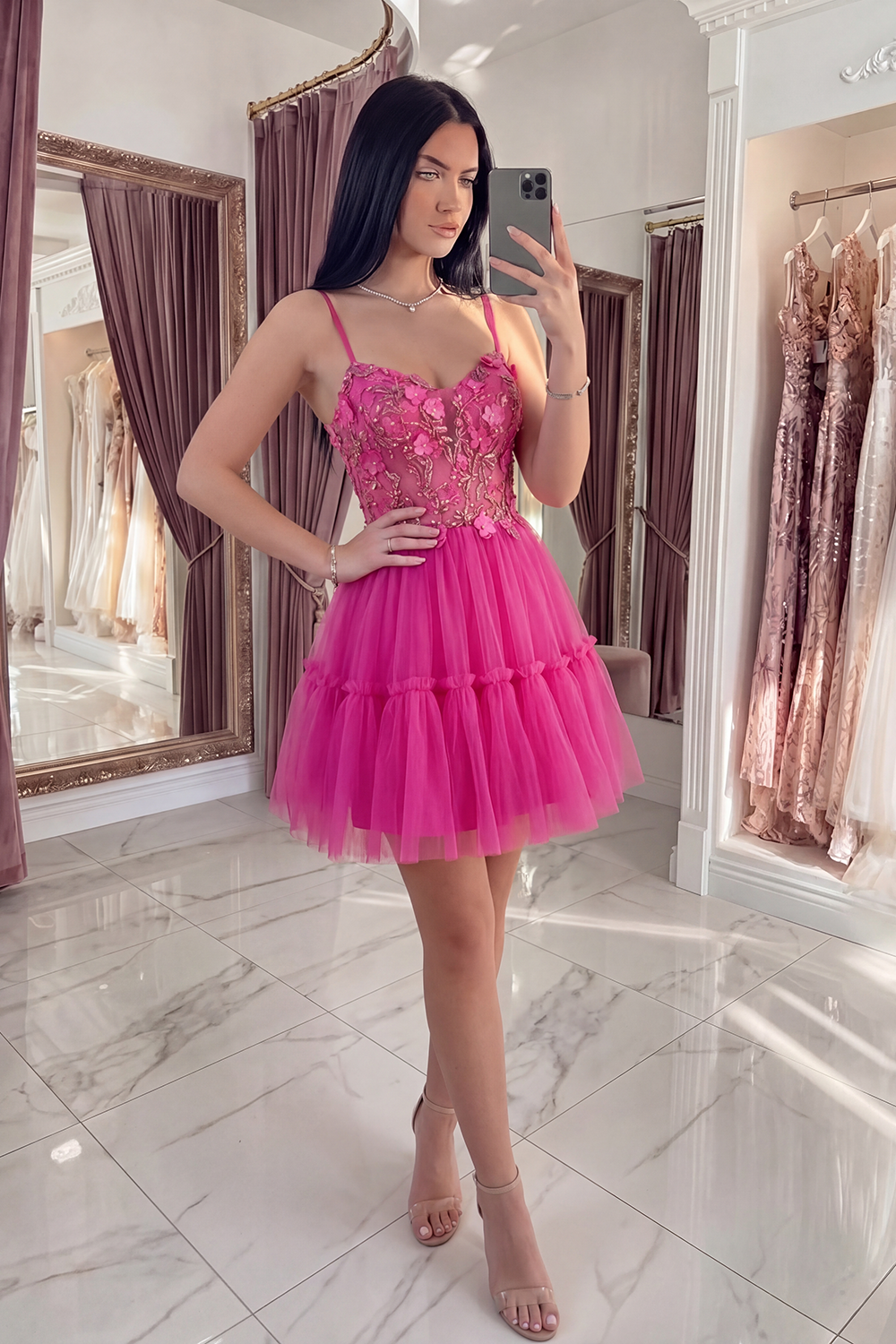 Sparkly Fuchsia Floral Corset Beaded A Line Short Spaghetti Straps Homecoming Dress